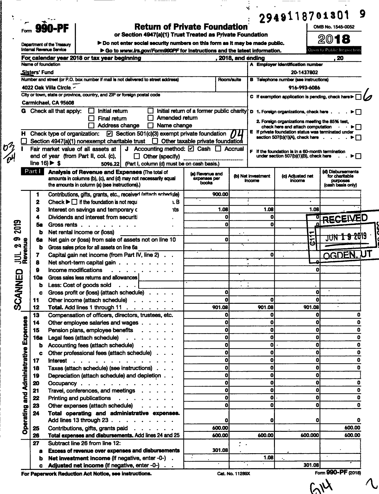 Image of first page of 2018 Form 990PF for Sisters Fund
