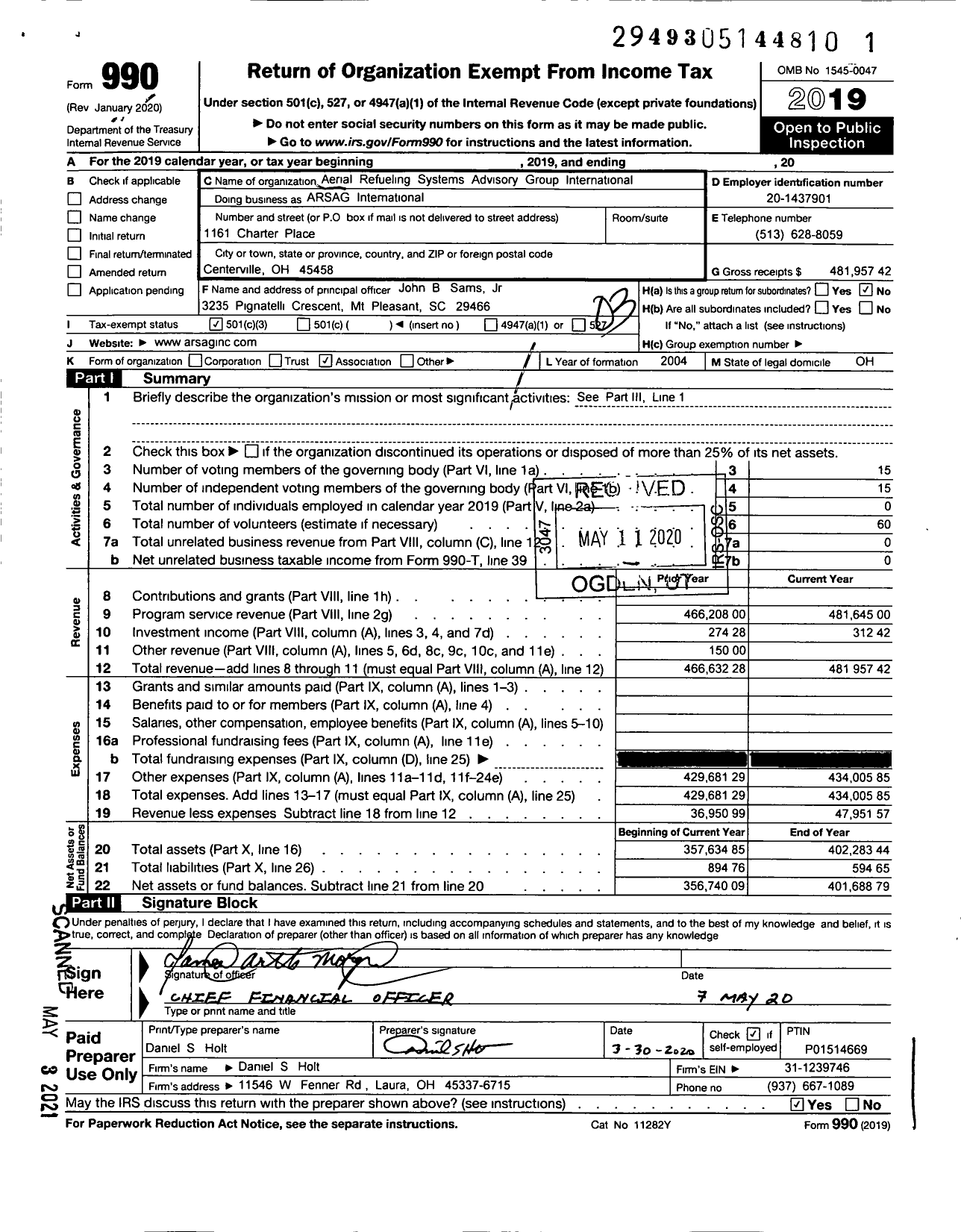 Image of first page of 2019 Form 990 for Air Refueling Systems Advisory Group International ARSAG International