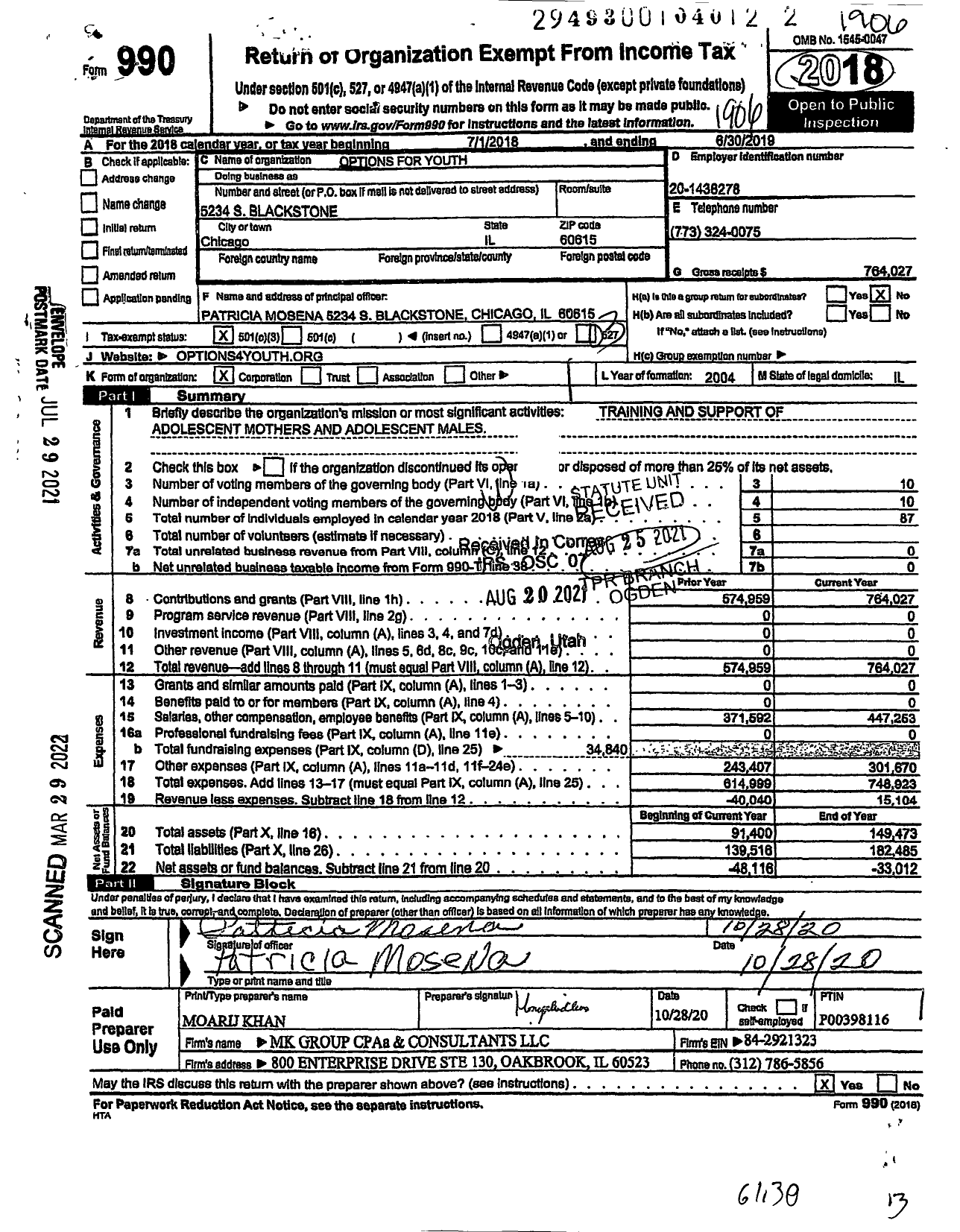 Image of first page of 2018 Form 990 for Options for Youth