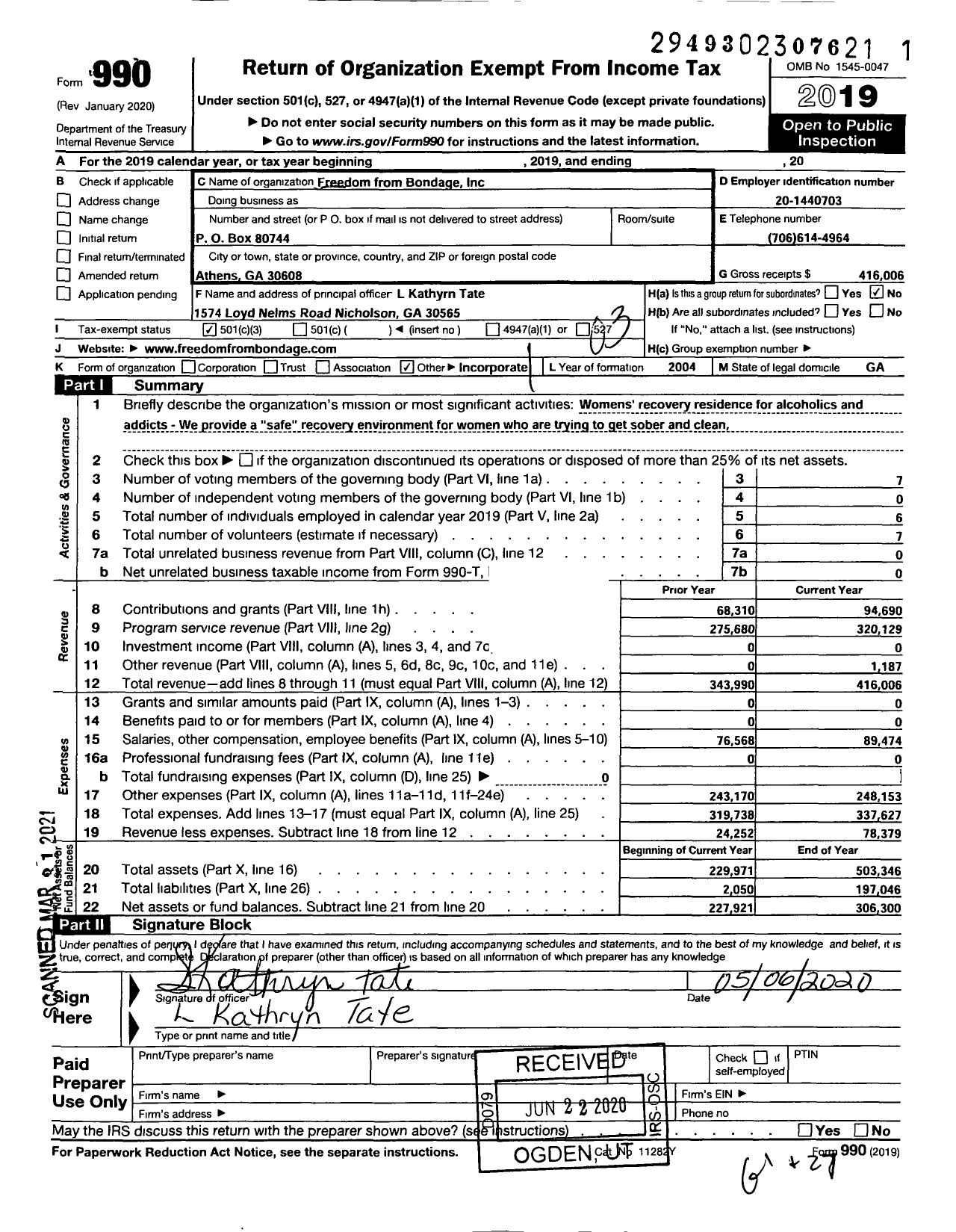 Image of first page of 2019 Form 990 for Freedom From Bondage