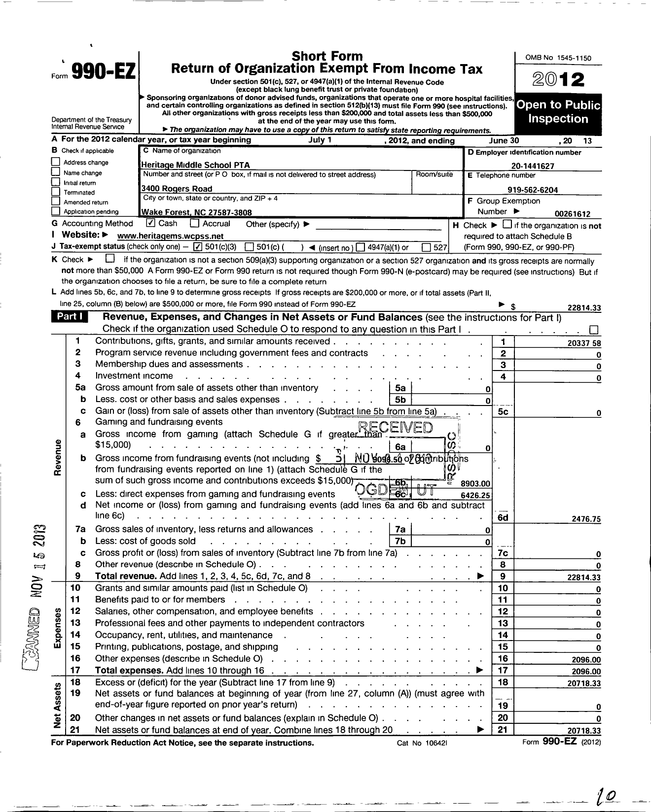 Image of first page of 2012 Form 990EZ for North Carolina PTA - Heritage Middle School PTA