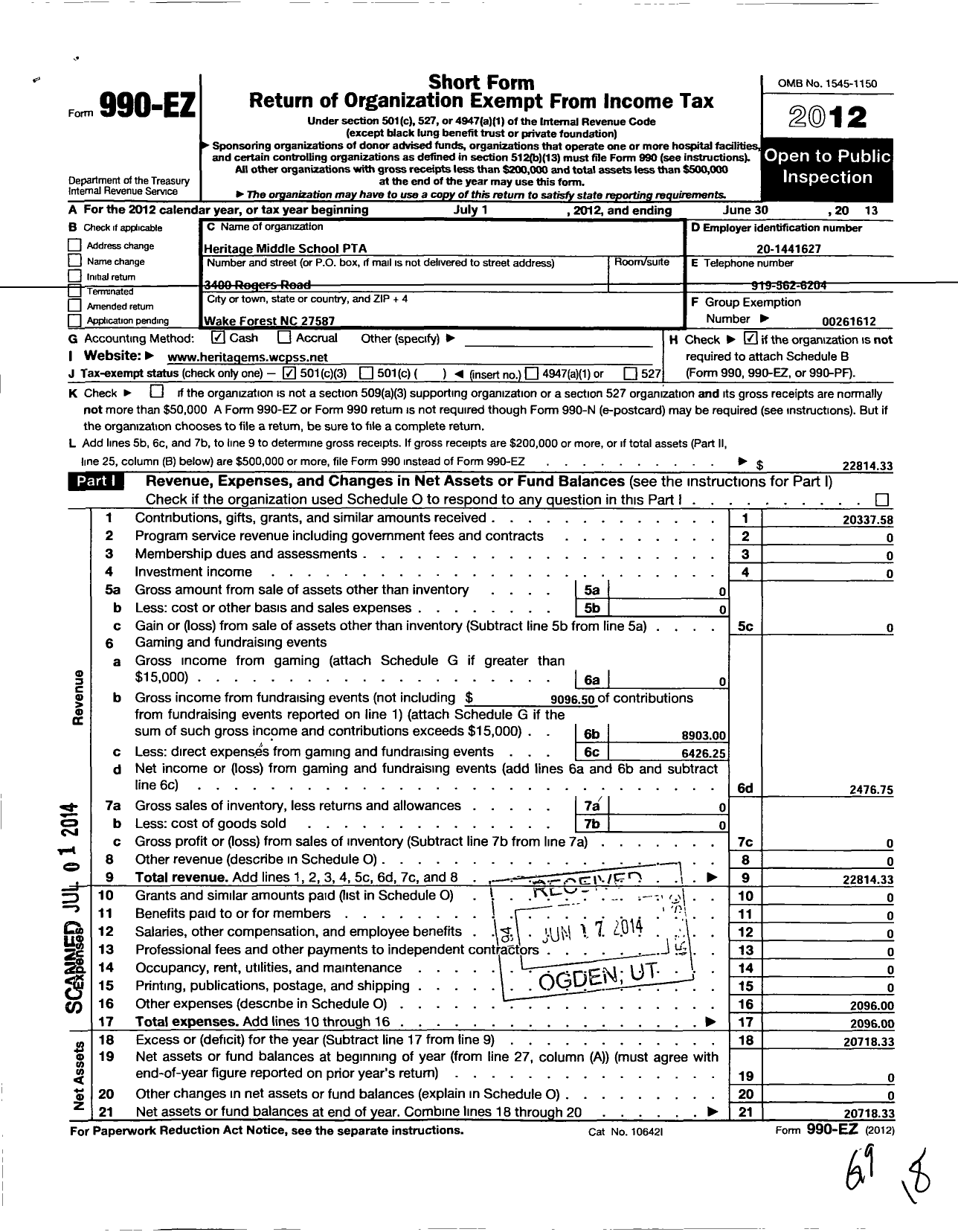 Image of first page of 2012 Form 990EZ for North Carolina PTA - Heritage Middle School PTA