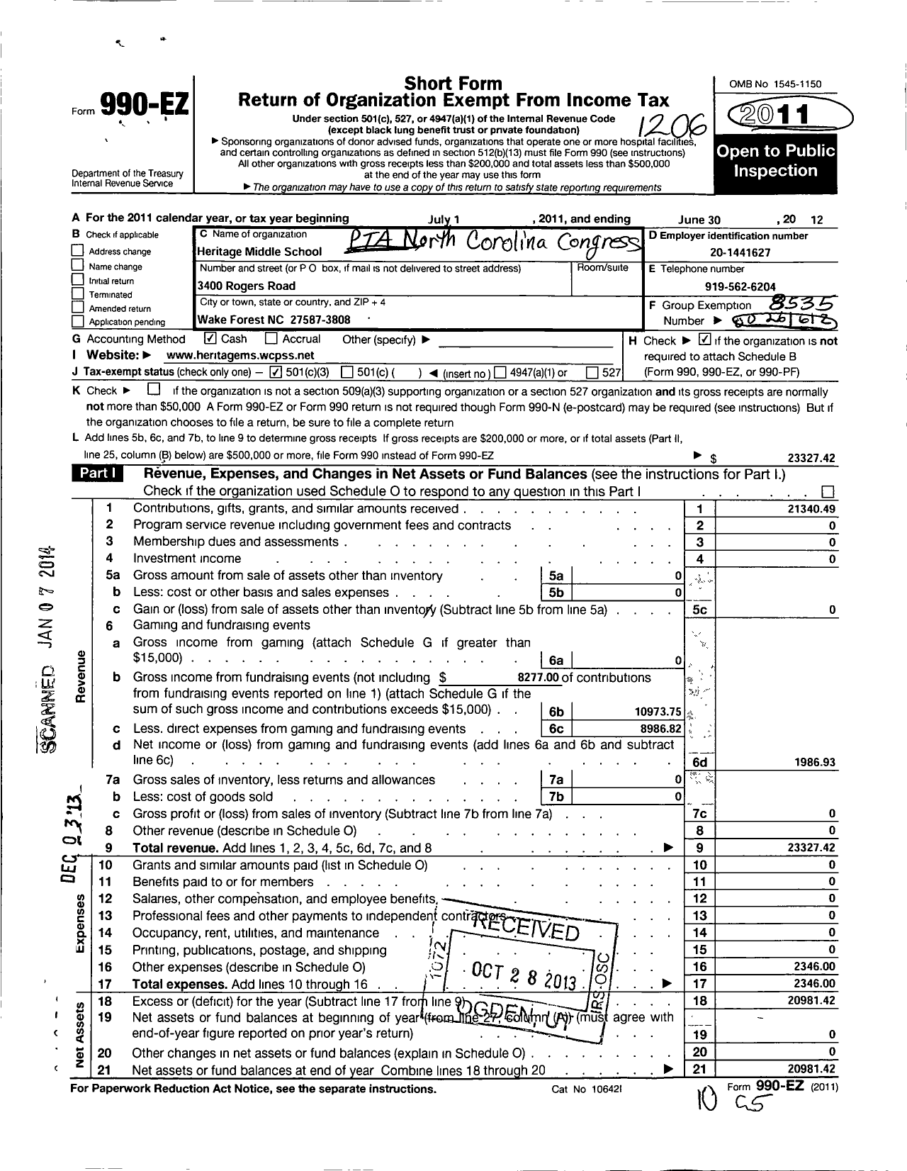 Image of first page of 2011 Form 990EZ for North Carolina PTA - Heritage Middle School PTA