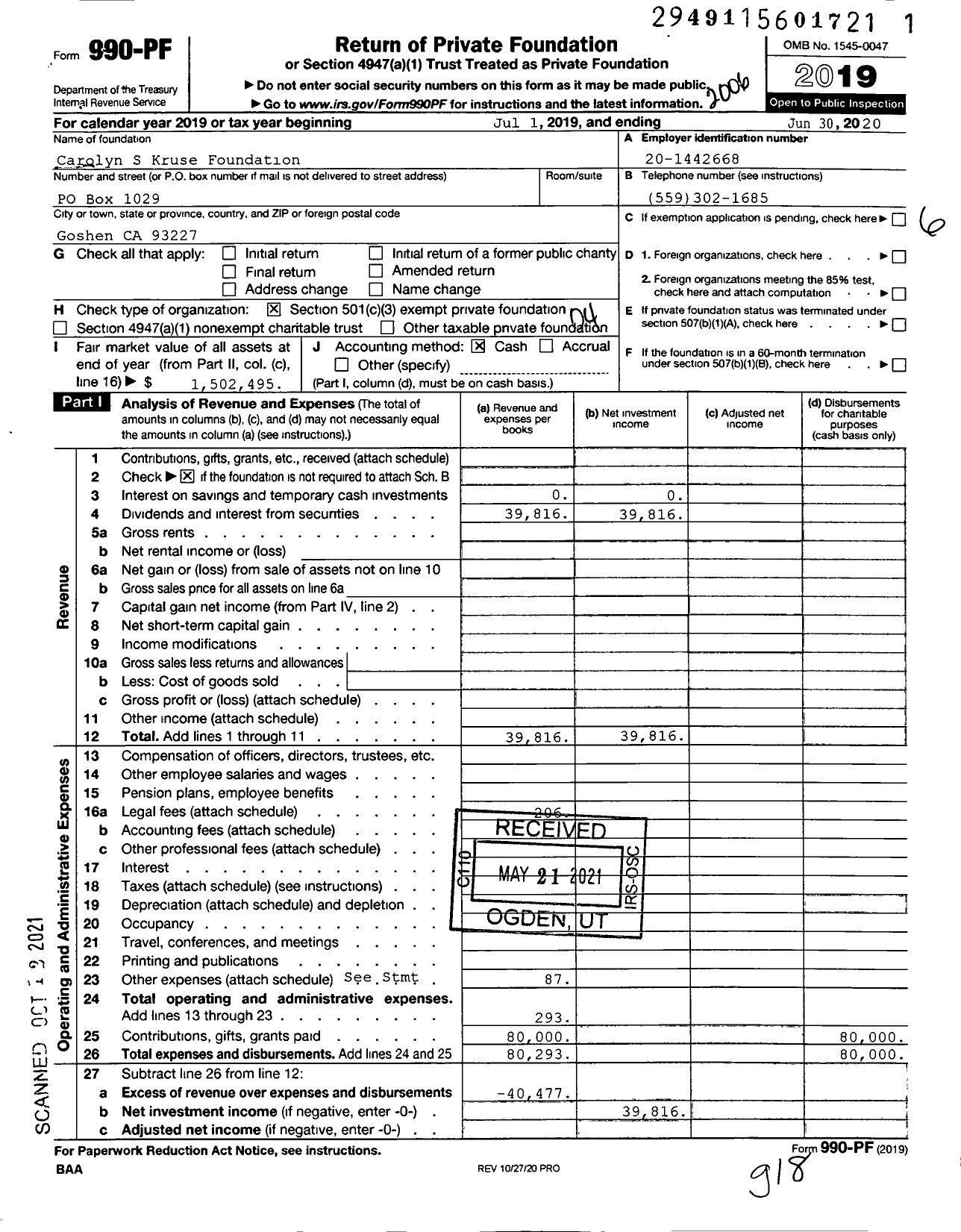 Image of first page of 2019 Form 990PF for Carolyn S Kruse Foundation