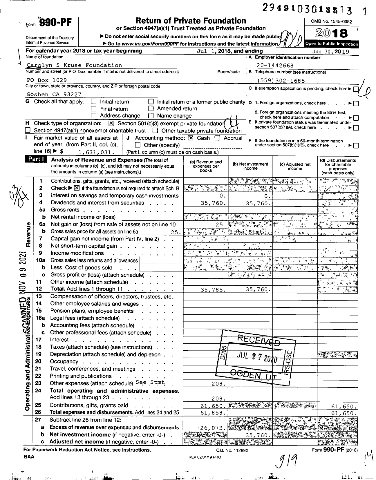 Image of first page of 2018 Form 990PF for Carolyn S Kruse Foundation
