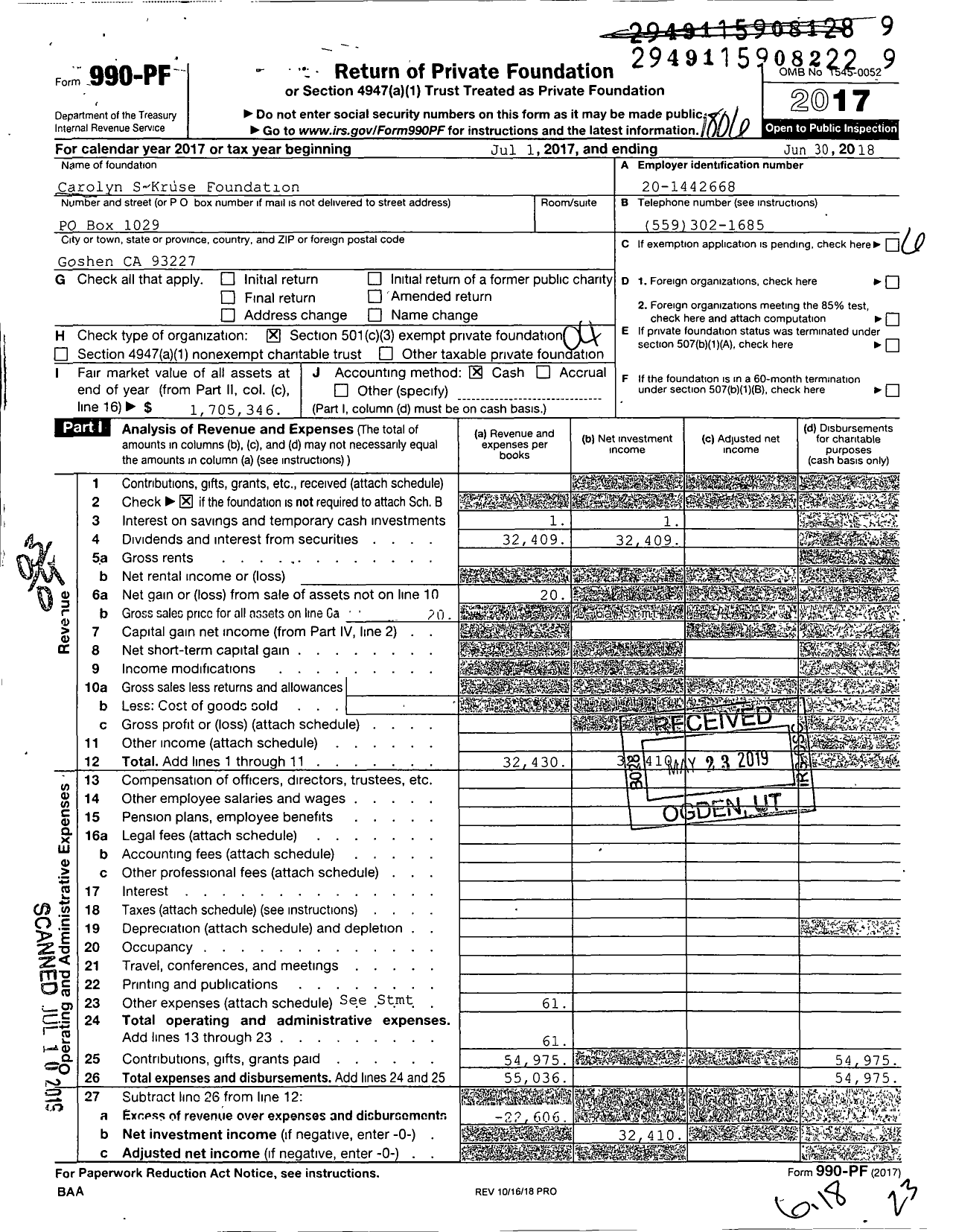 Image of first page of 2017 Form 990PF for Carolyn S Kruse Foundation