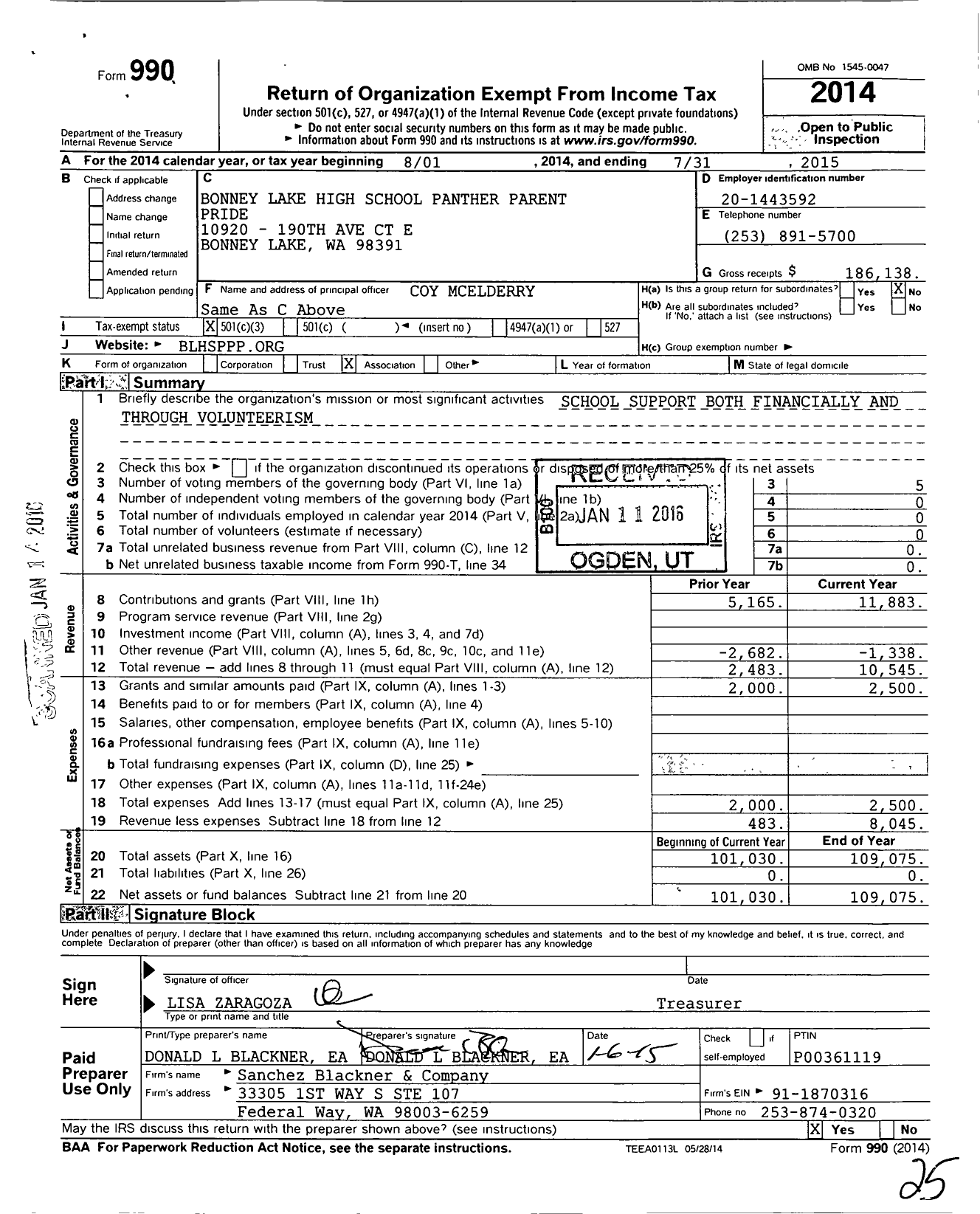 Image of first page of 2014 Form 990 for Bonney Lake High School Panther Parent Pride