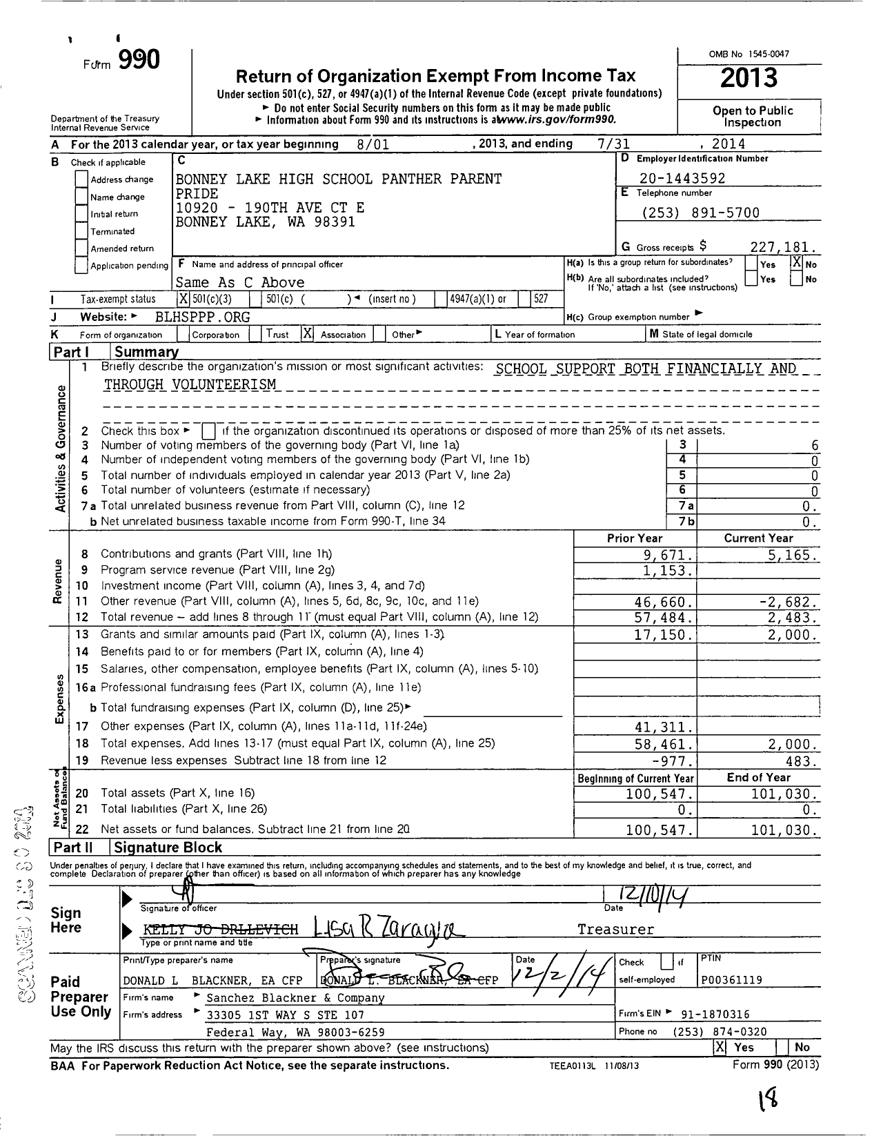 Image of first page of 2013 Form 990 for Bonney Lake High School Panther Parent Pride