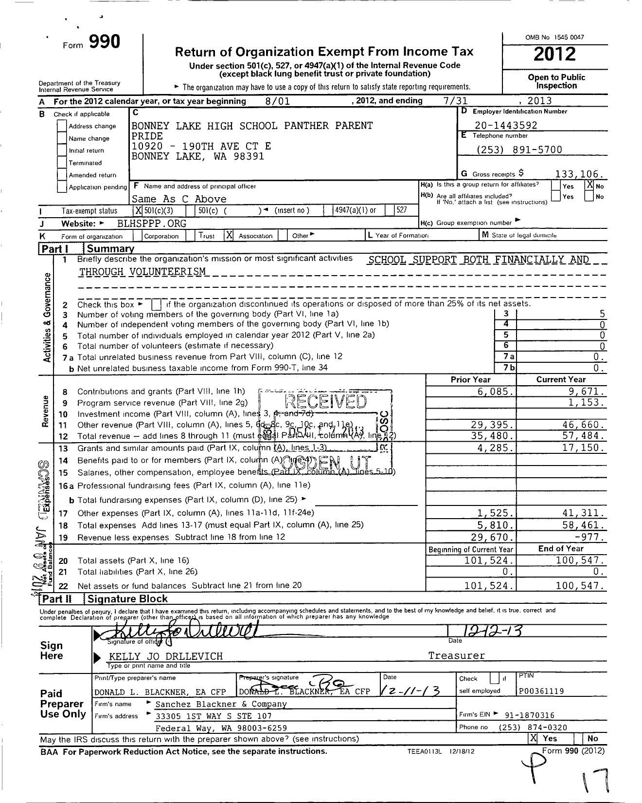 Image of first page of 2012 Form 990 for Bonney Lake High School Panther Parent Pride