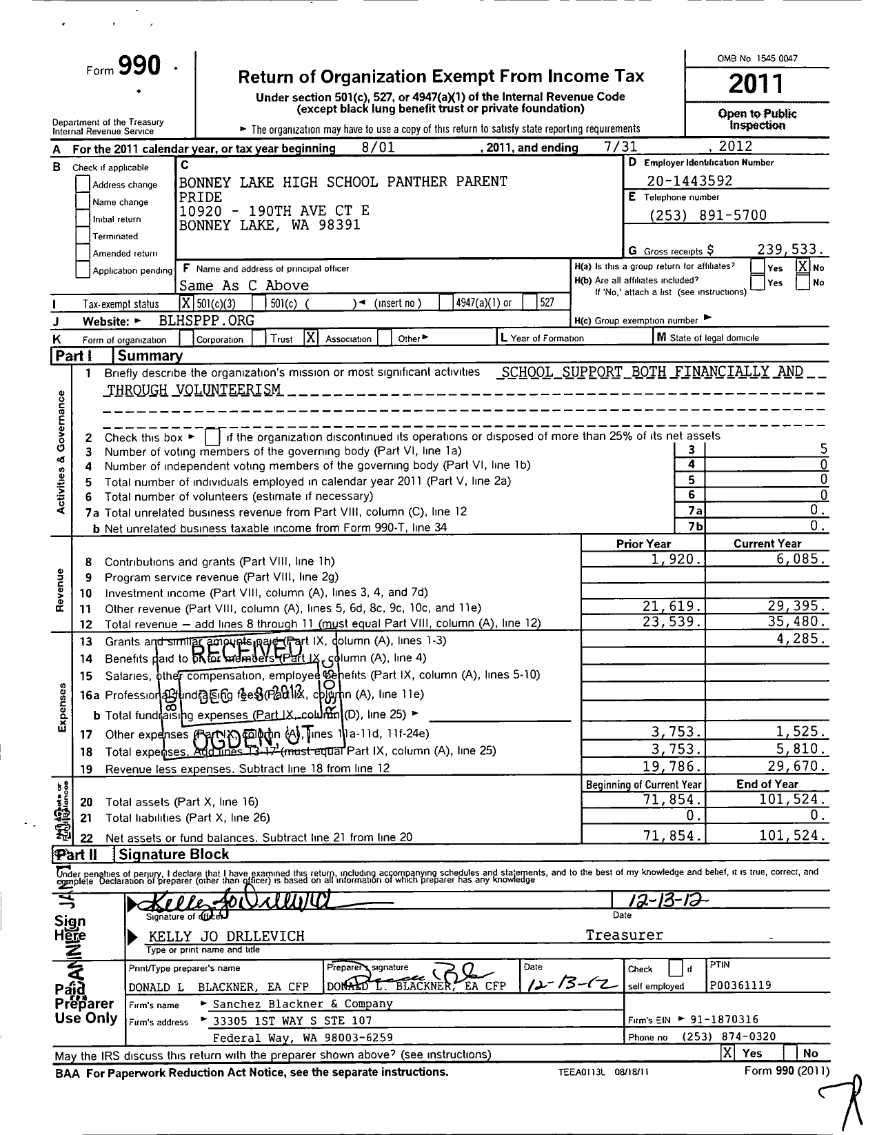 Image of first page of 2011 Form 990 for Bonney Lake High School Panther Parent Pride