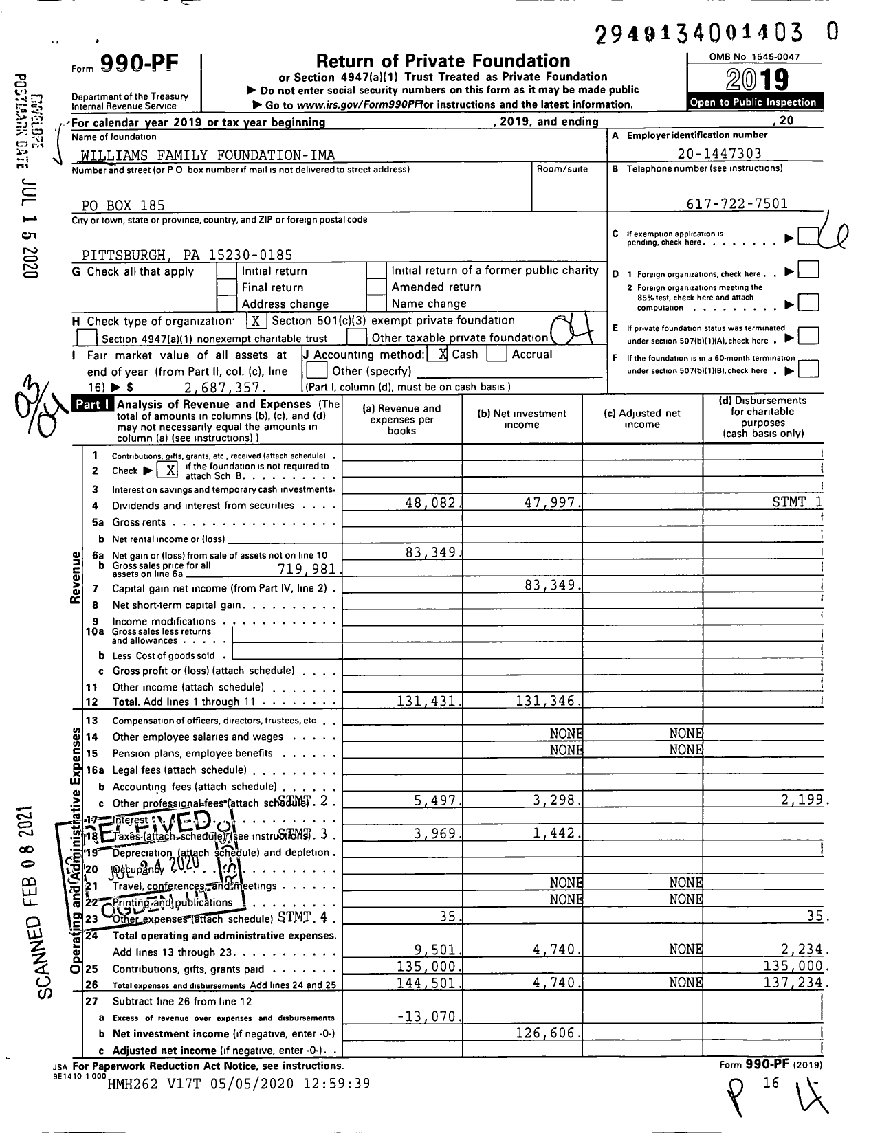 Image of first page of 2019 Form 990PF for Williams Family Foundation-Ima