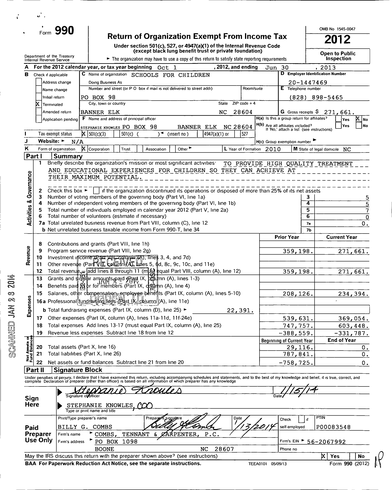 Image of first page of 2012 Form 990 for Schools for Children