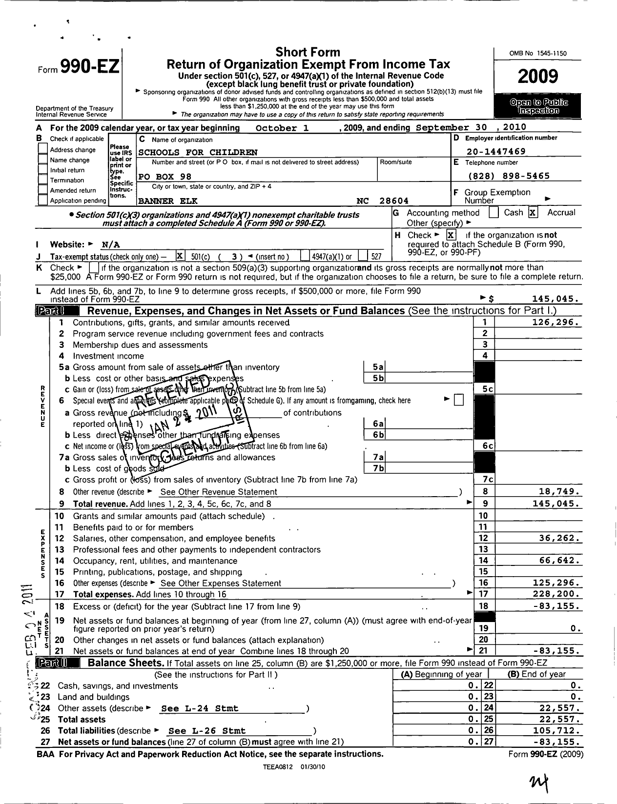 Image of first page of 2009 Form 990EZ for Schools for Children