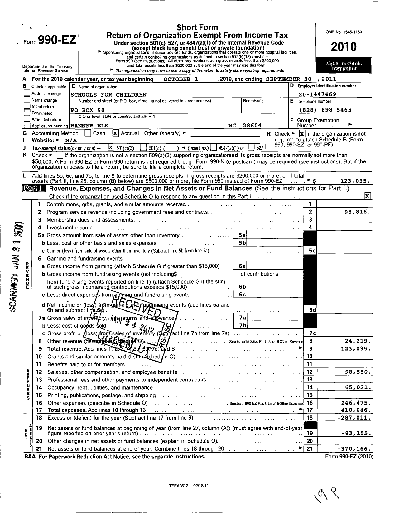 Image of first page of 2010 Form 990EZ for Schools for Children