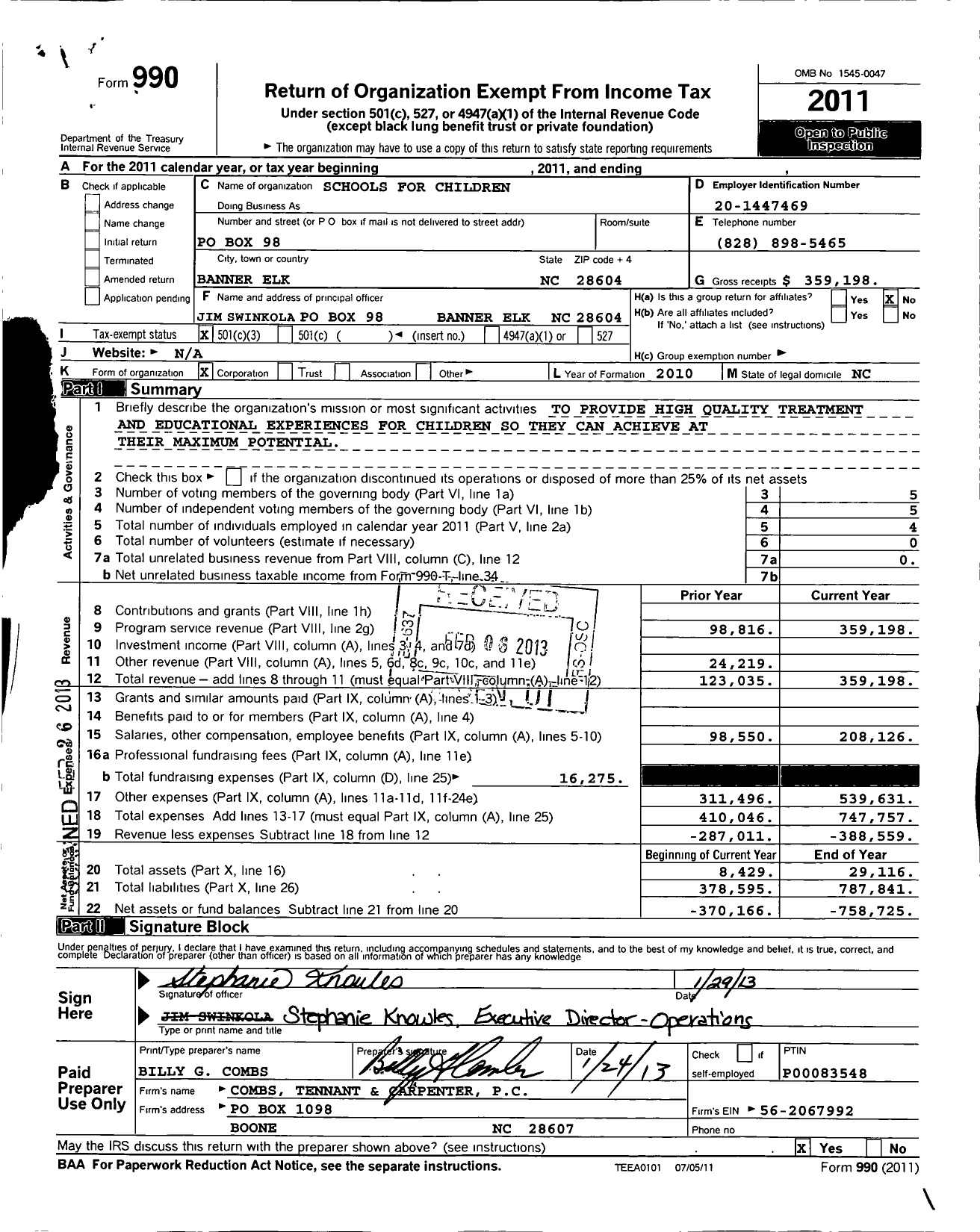 Image of first page of 2011 Form 990 for Schools for Children