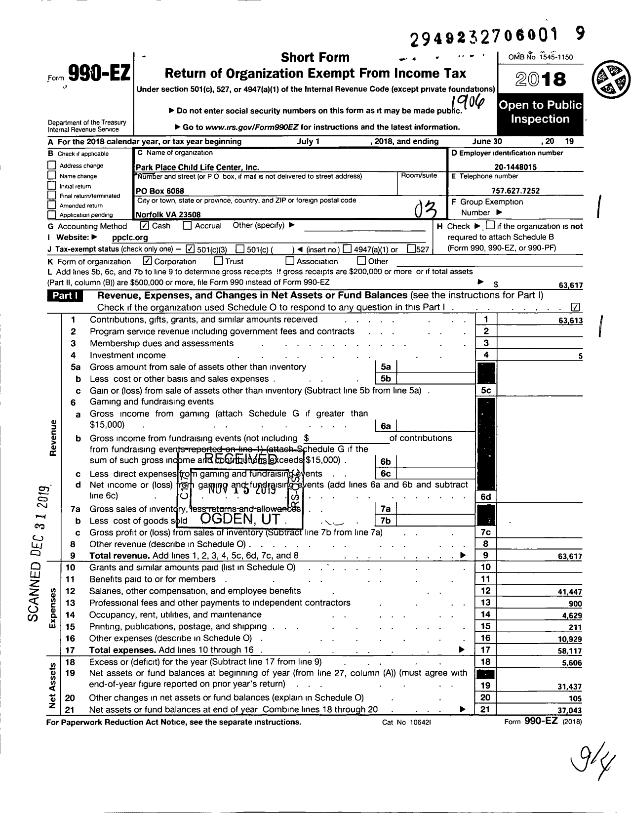 Image of first page of 2018 Form 990EZ for Empowerment Center for Children Youth and Families