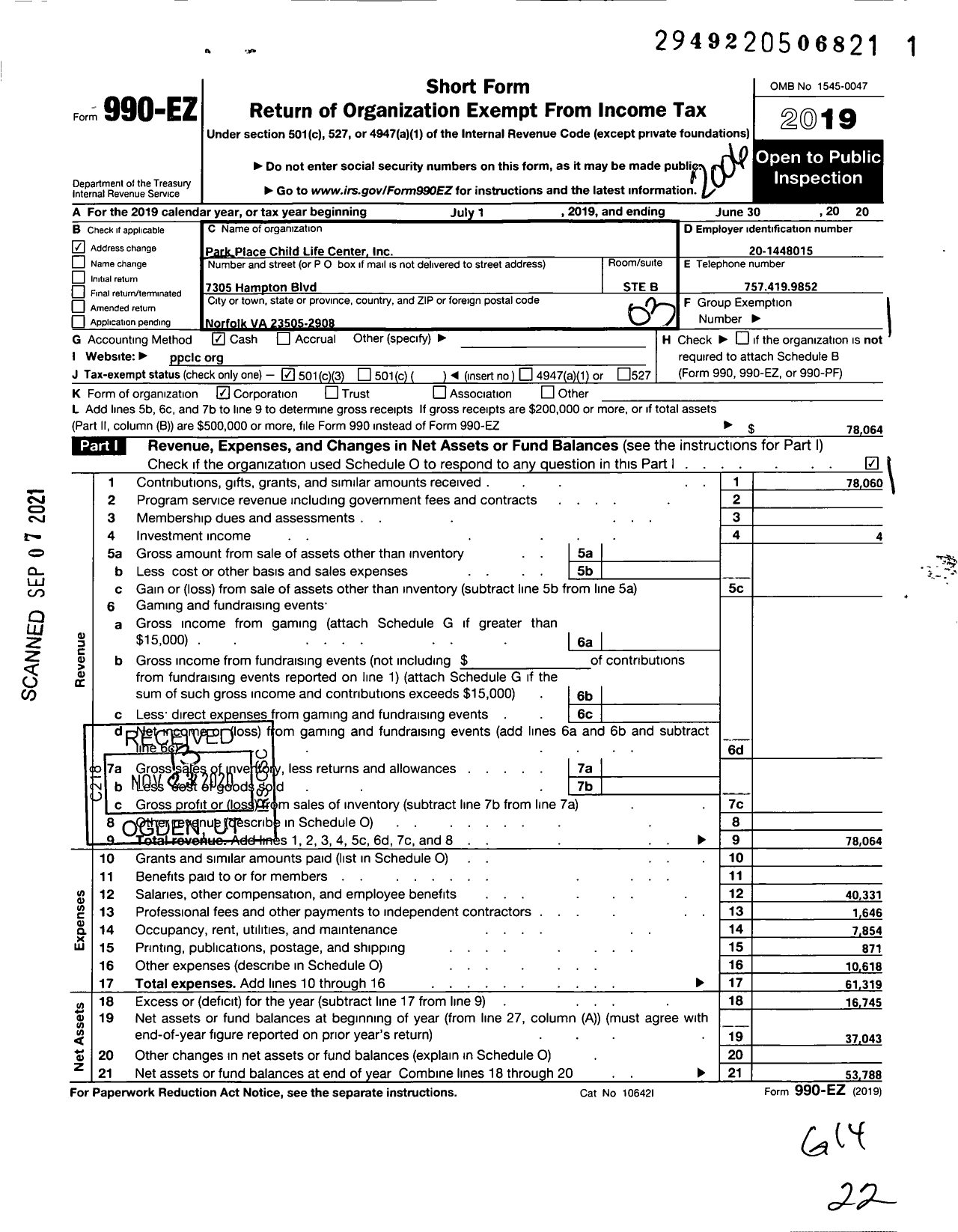 Image of first page of 2019 Form 990EZ for Empowerment Center for Children Youth and Families