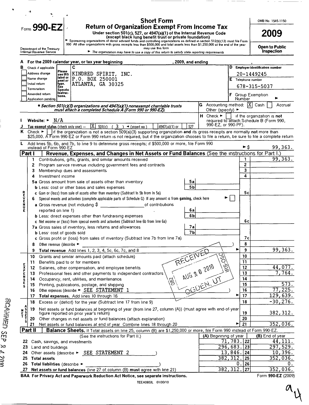 Image of first page of 2009 Form 990EZ for Kindred Spirit