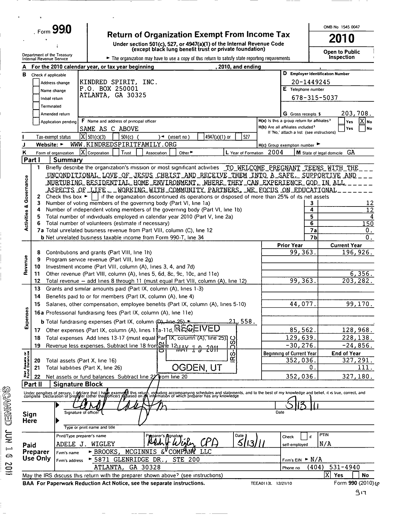 Image of first page of 2010 Form 990 for Kindred Spirit