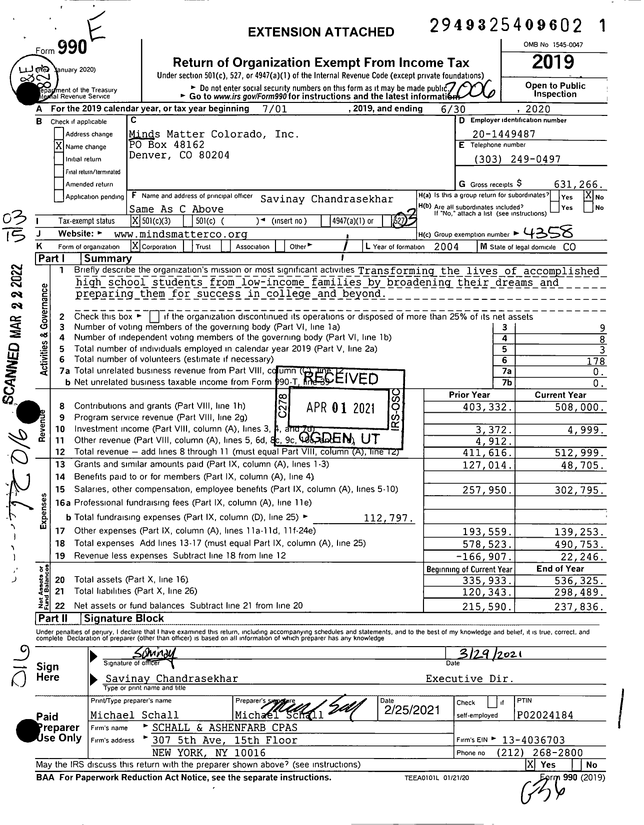 Image of first page of 2019 Form 990 for Minds Matter Colorado