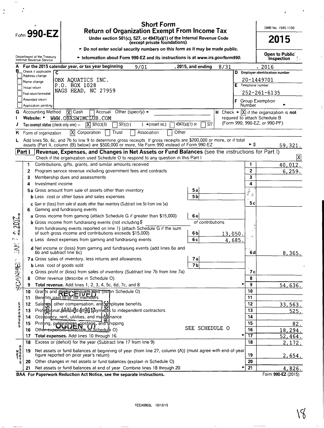 Image of first page of 2015 Form 990EZ for Obx Aquatics