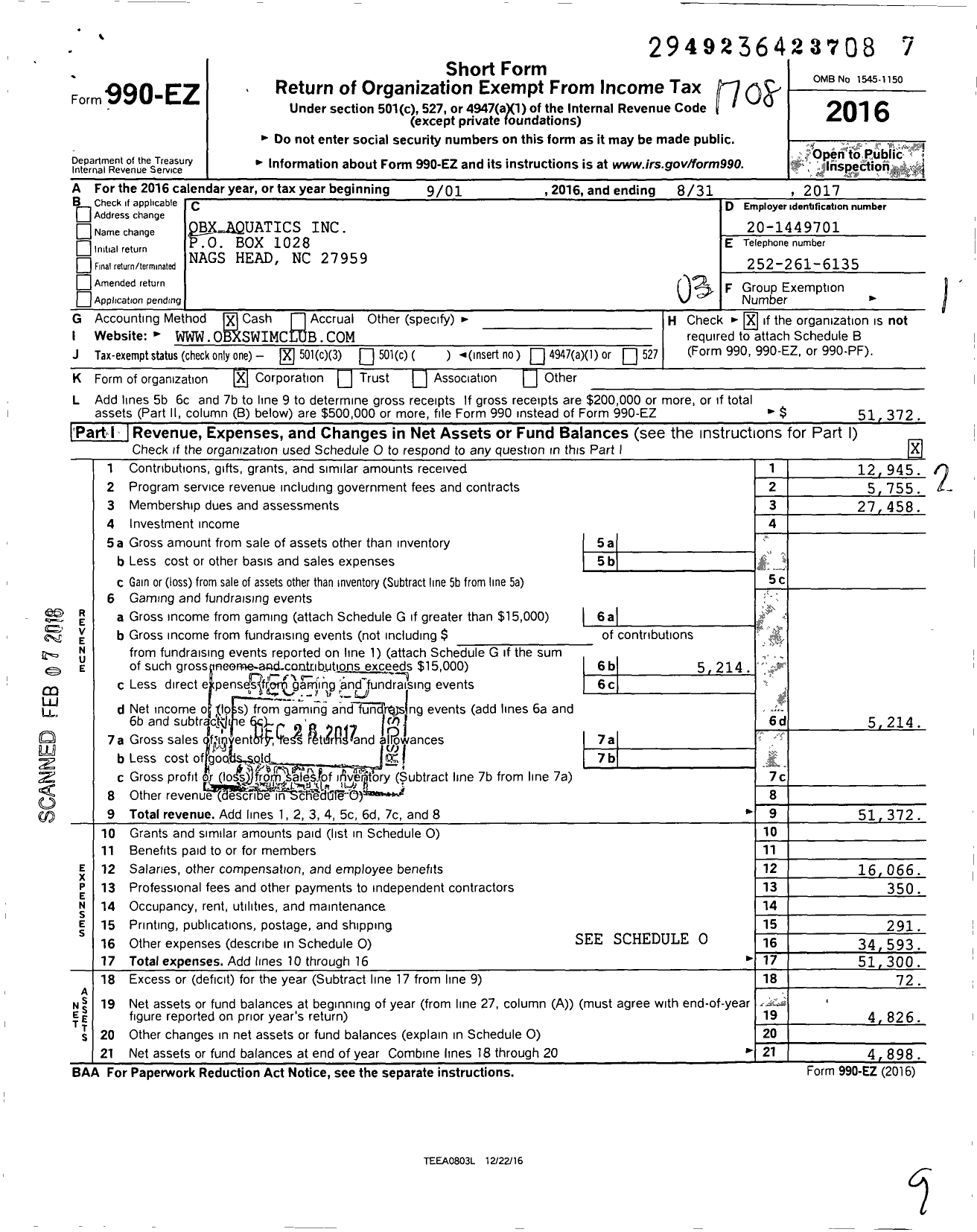 Image of first page of 2016 Form 990EZ for Obx Aquatics