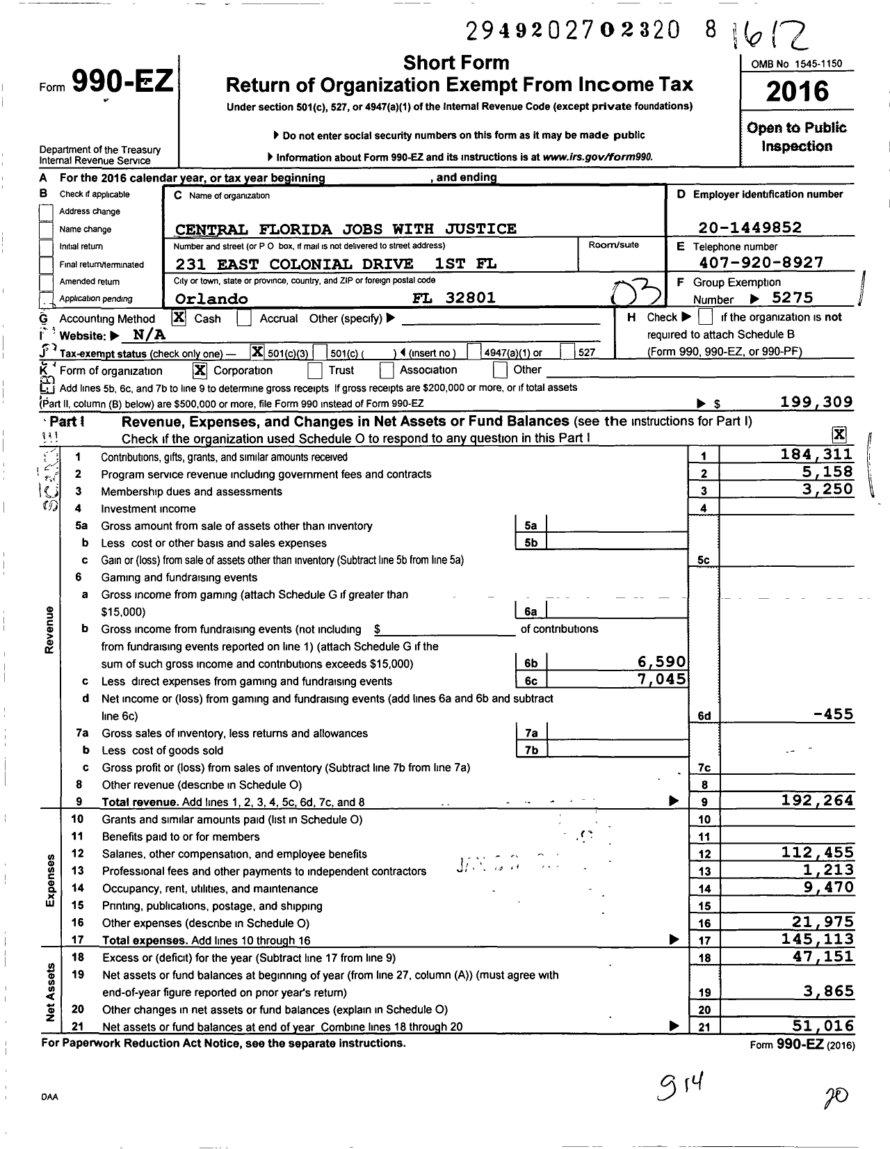 Image of first page of 2016 Form 990EZ for Central Florida Jobs with Justice Corporation