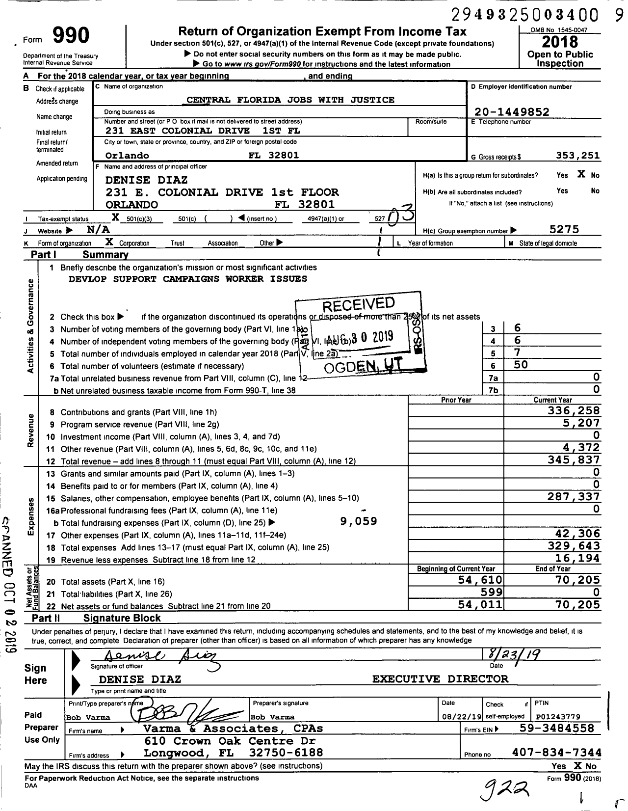 Image of first page of 2018 Form 990 for Central Florida Jobs with Justice Corporation