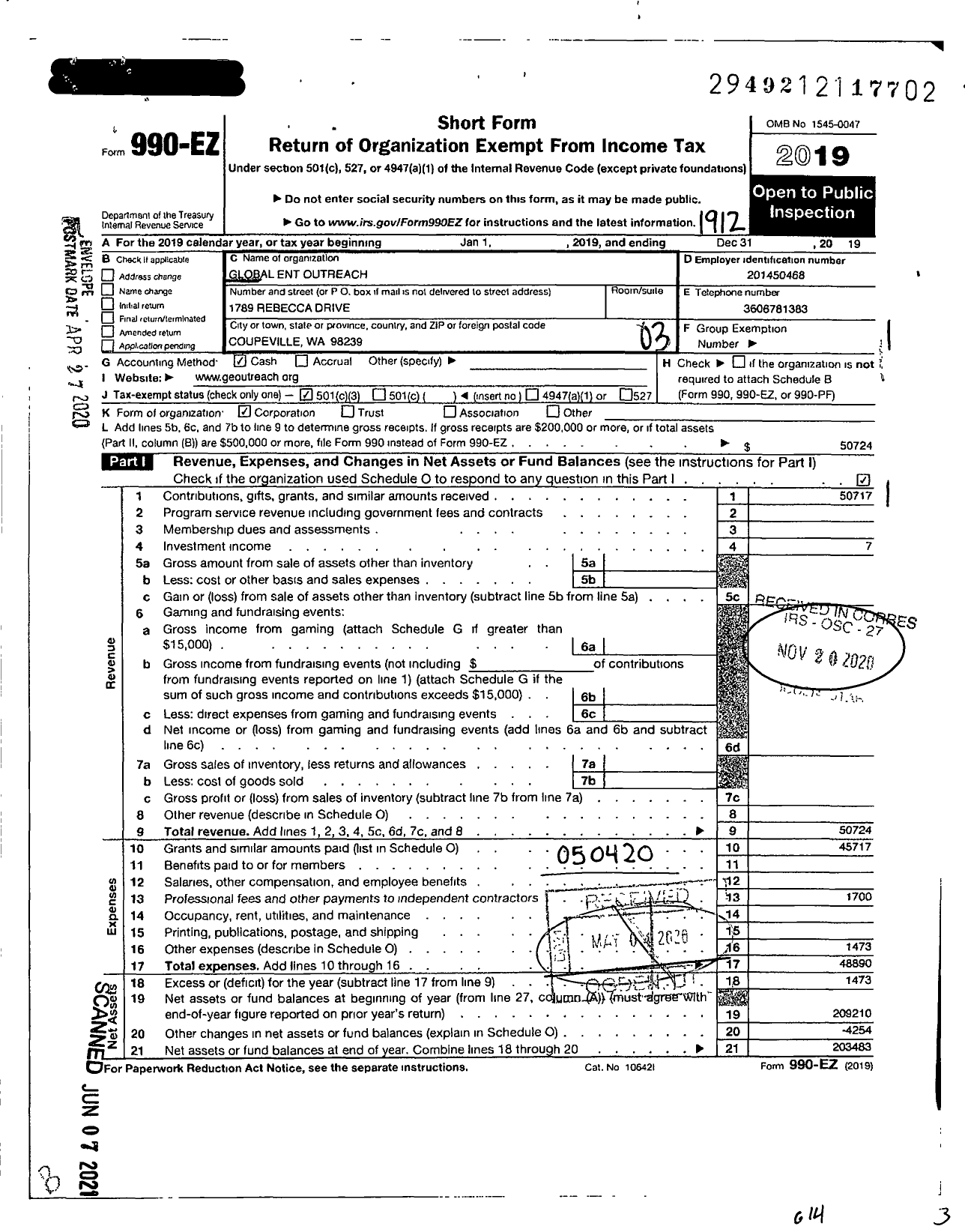 Image of first page of 2019 Form 990EZ for Global Ent Outreach