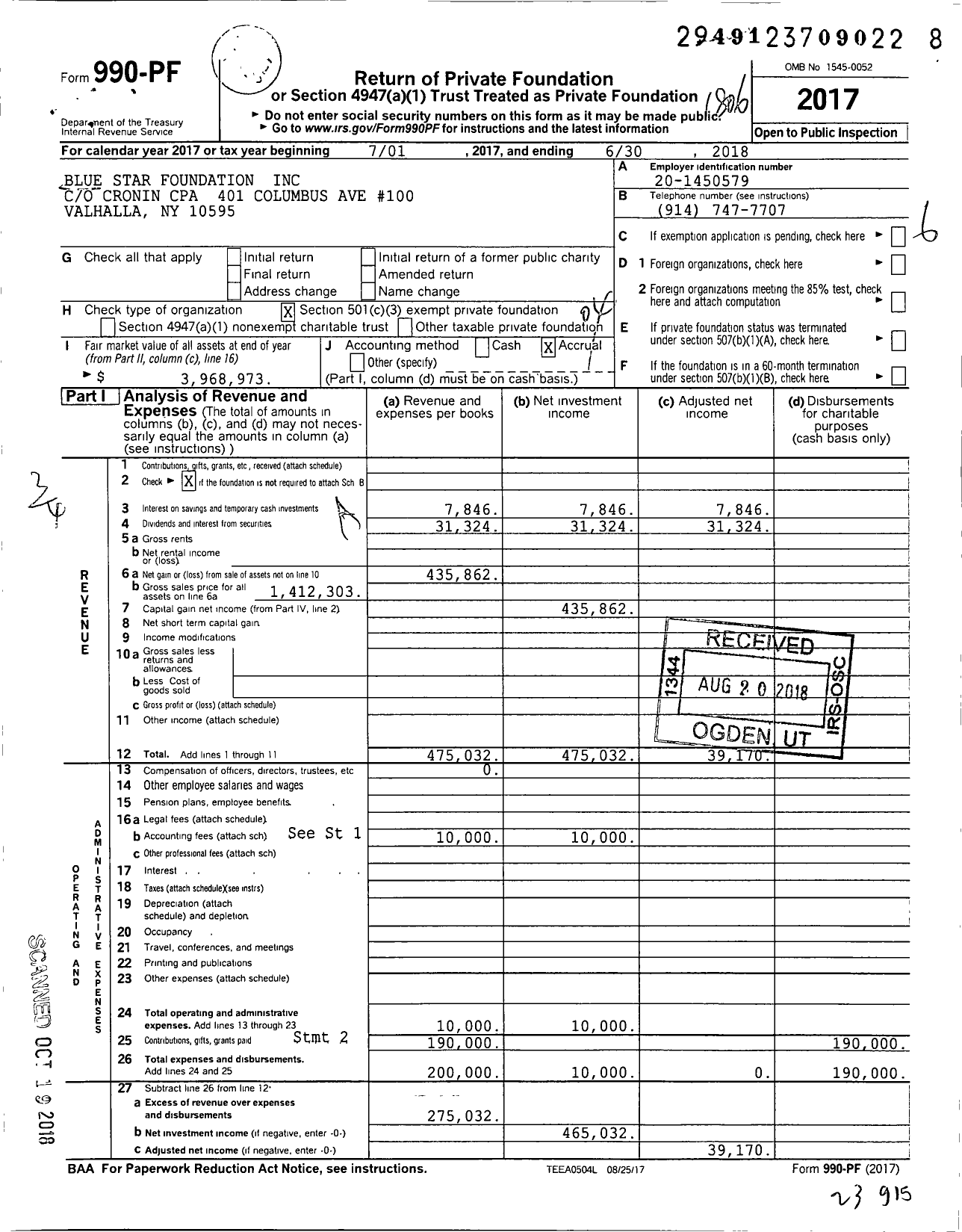 Image of first page of 2017 Form 990PF for Blue Star Foundation