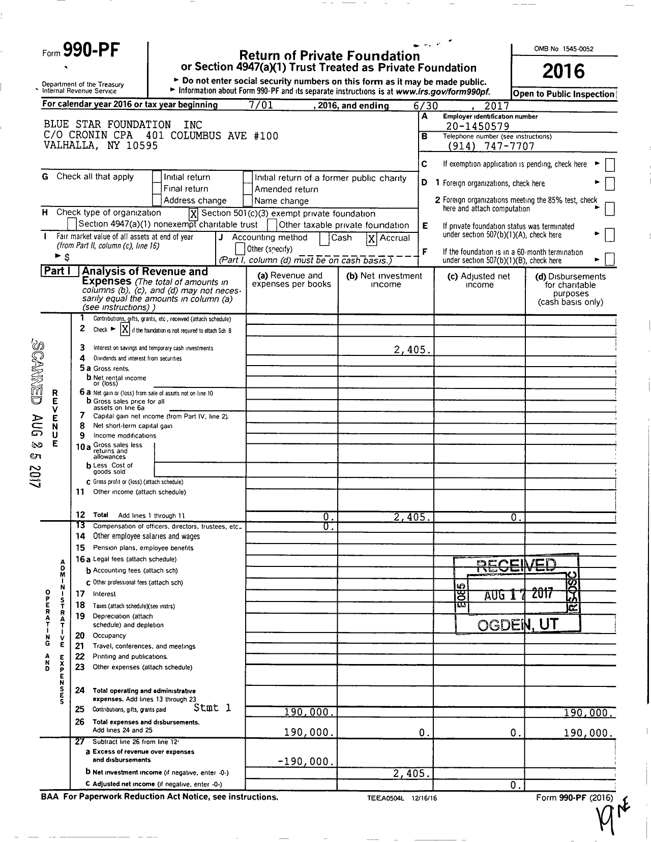 Image of first page of 2016 Form 990PF for Blue Star Foundation