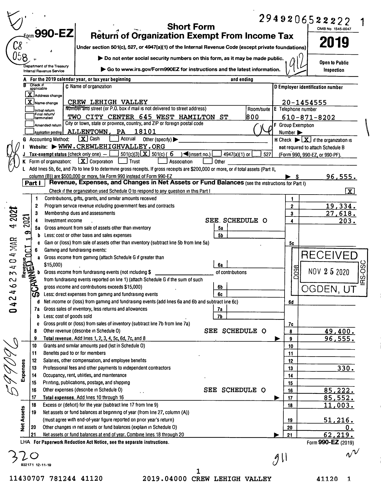 Image of first page of 2019 Form 990EO for Crew Lehigh Valley