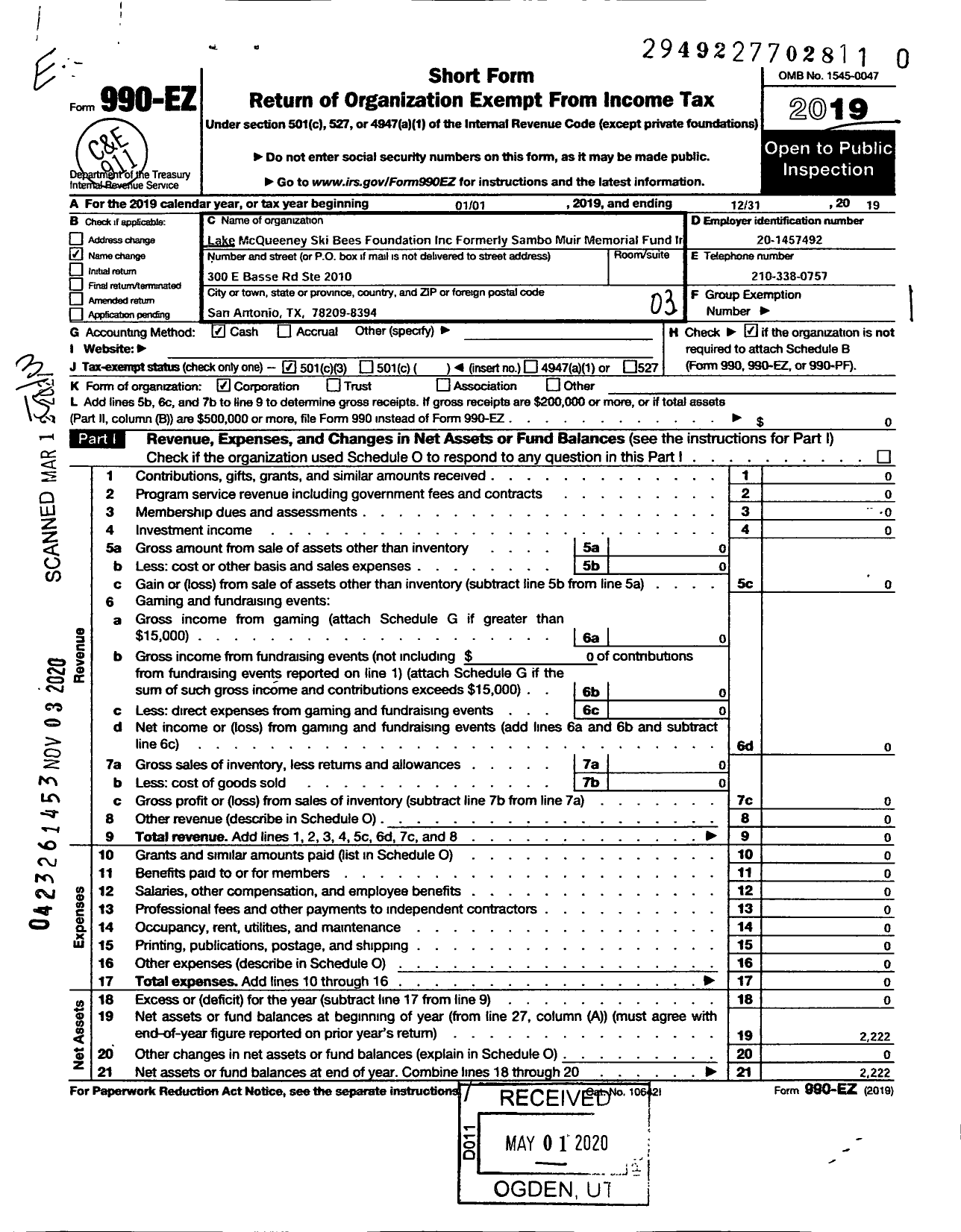 Image of first page of 2019 Form 990EZ for Lake Mcqueeney Ski Bees Foundation