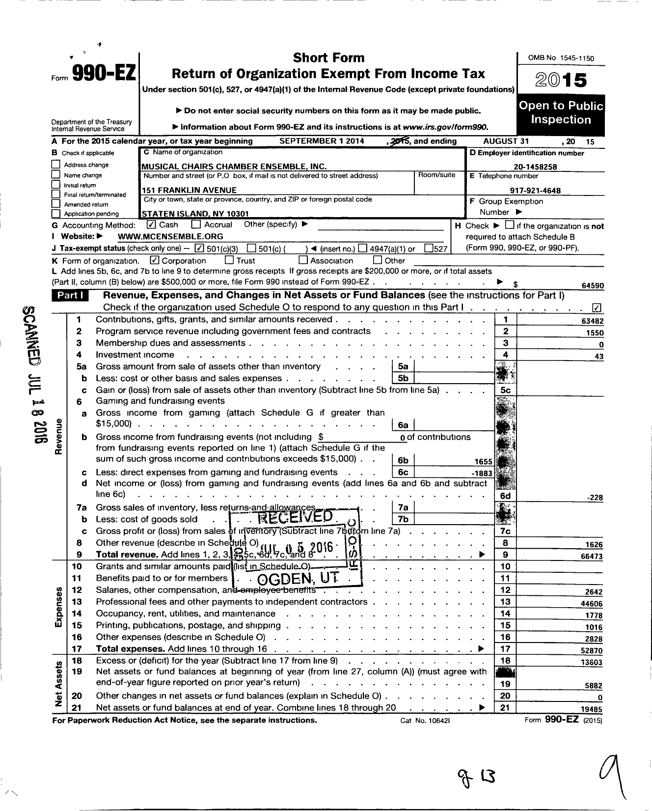 Image of first page of 2014 Form 990EZ for Musical Chairs Chamber Ensemble