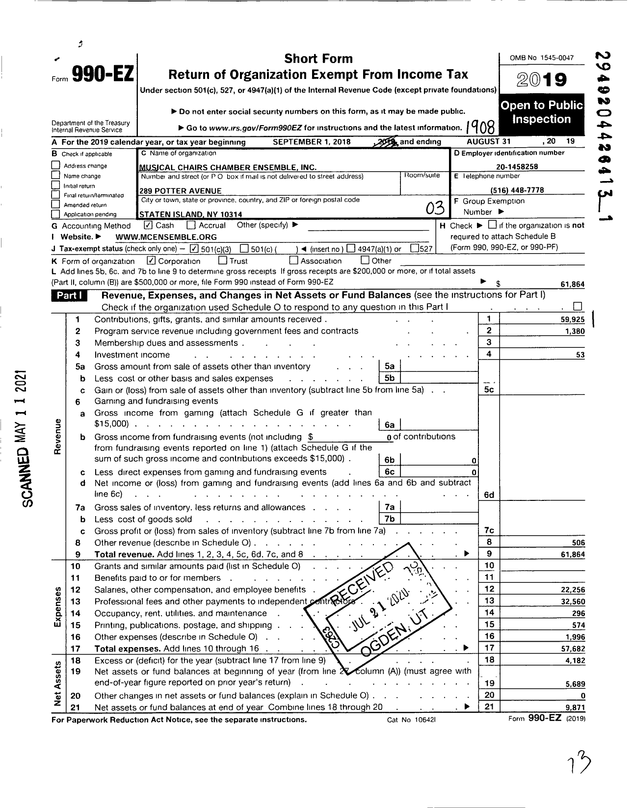 Image of first page of 2018 Form 990EZ for Musical Chairs Chamber Ensemble