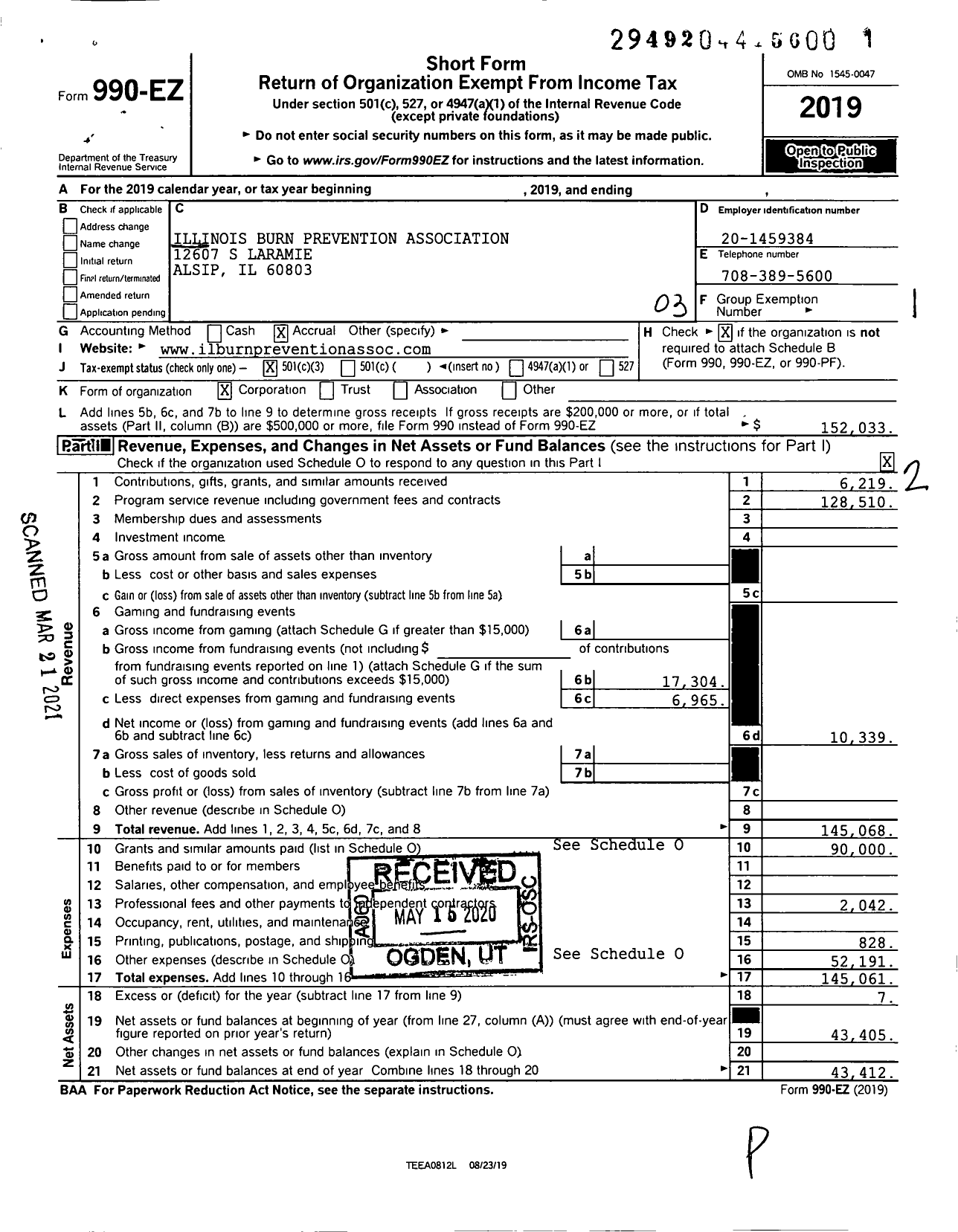 Image of first page of 2019 Form 990EZ for Illinois Burn Prevention Association