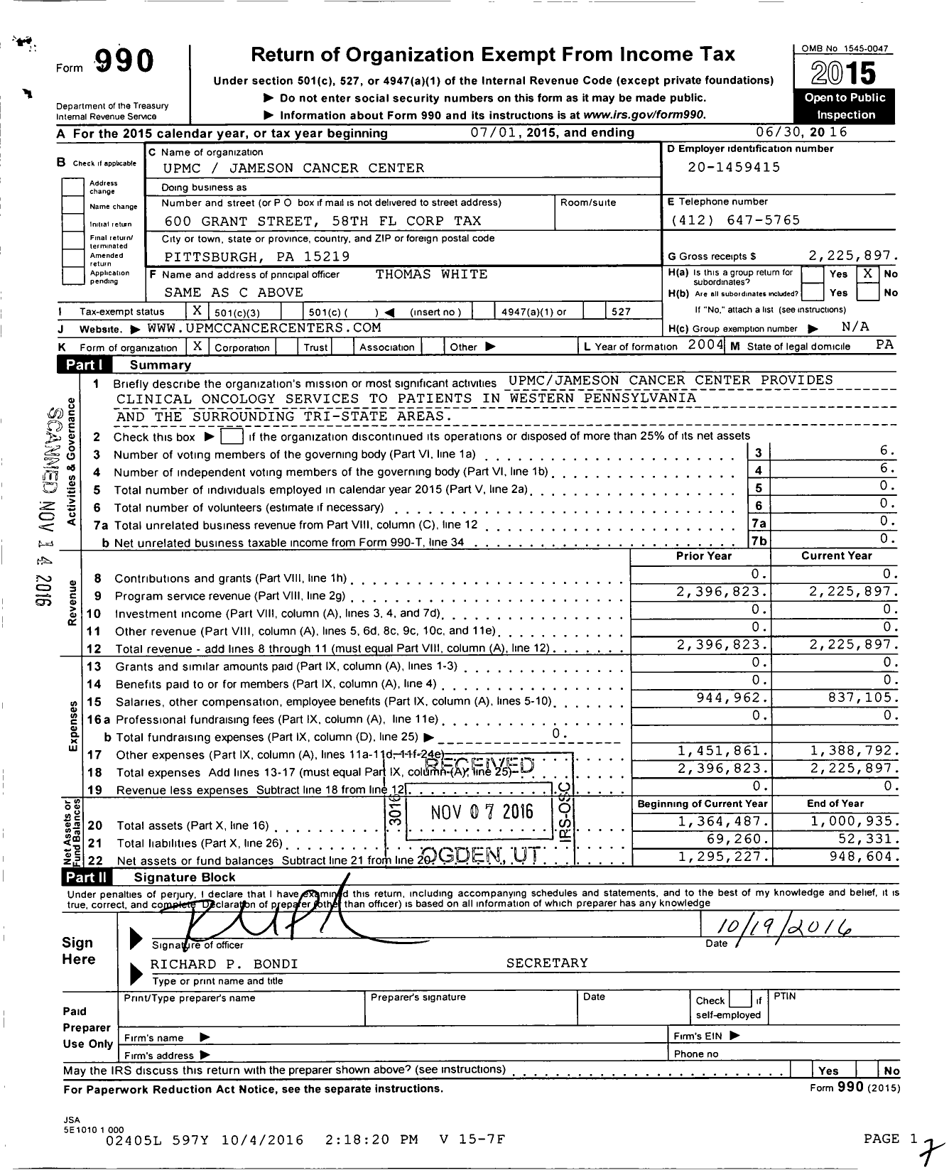Image of first page of 2015 Form 990 for UPMCJameson Cancer Center