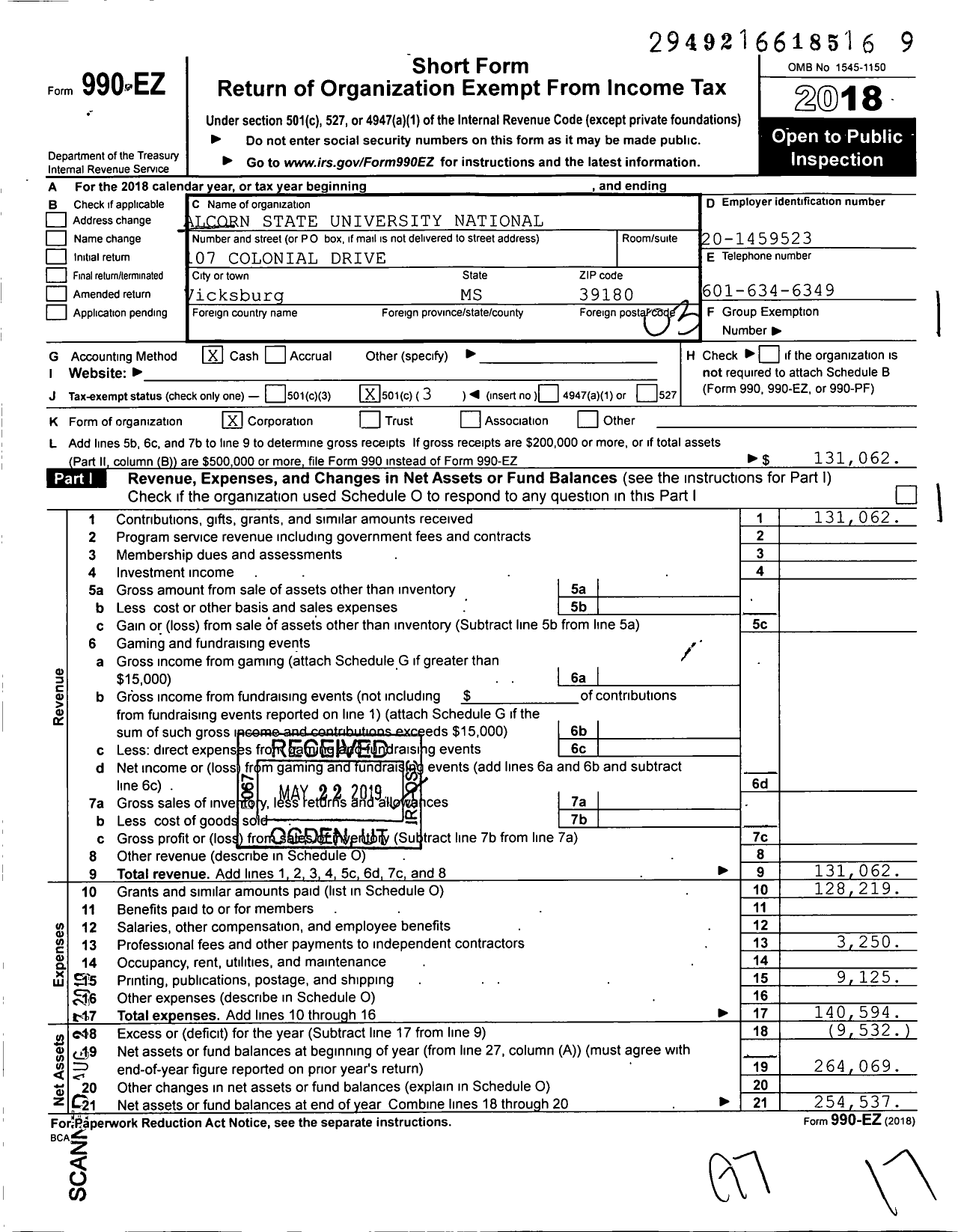 Image of first page of 2018 Form 990EZ for Alcorn State University National Alumni Association Foundation