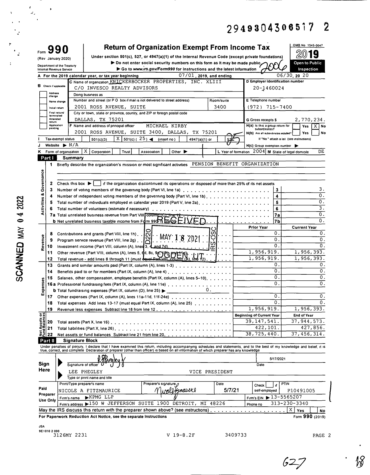 Image of first page of 2019 Form 990O for Knickerbocker Properties XLIII