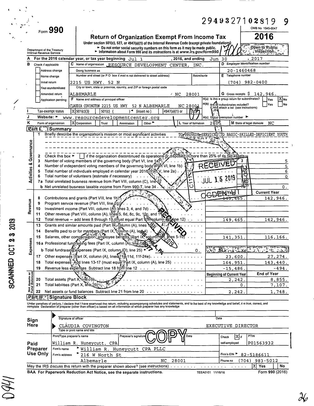 Image of first page of 2016 Form 990 for Resource Development Center