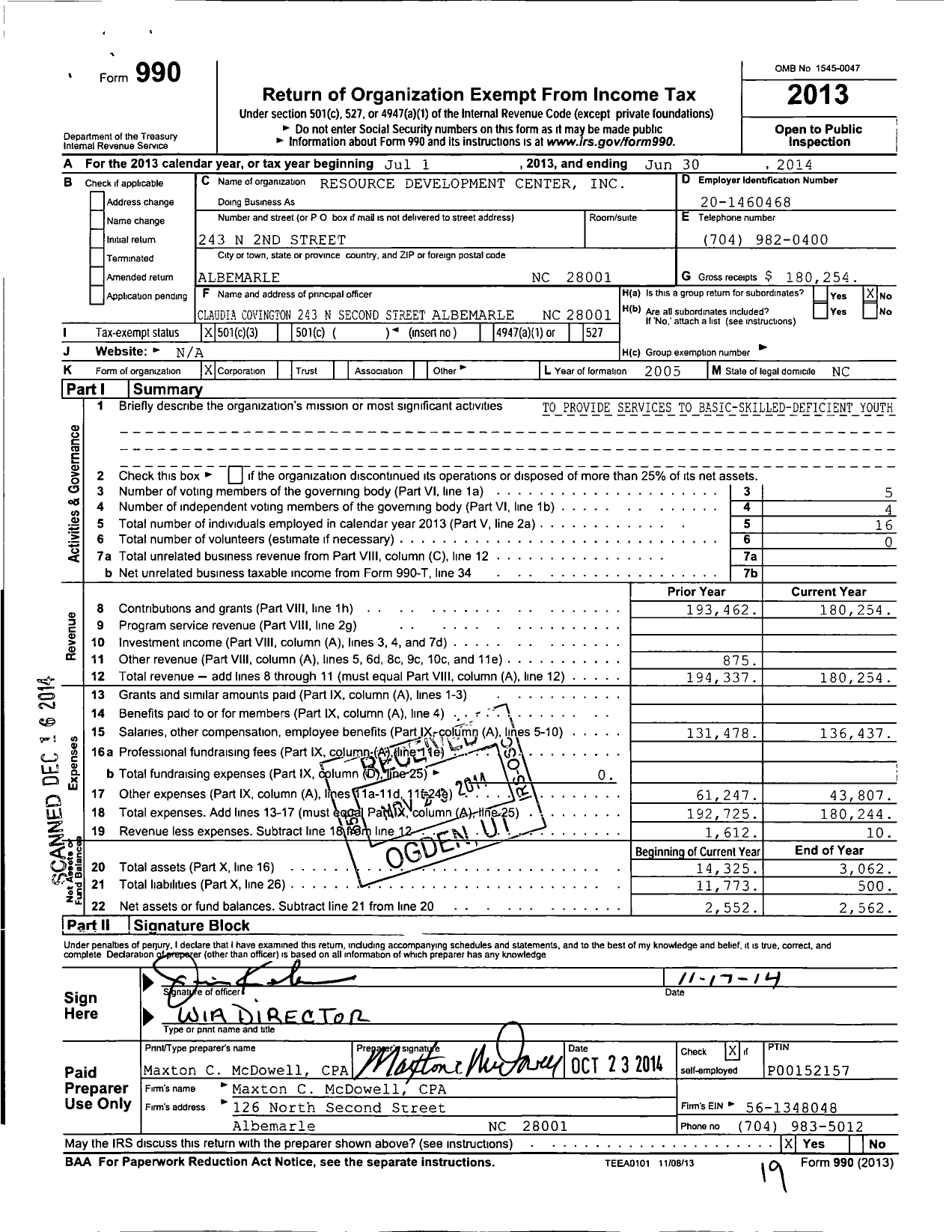 Image of first page of 2013 Form 990 for Resource Development Center