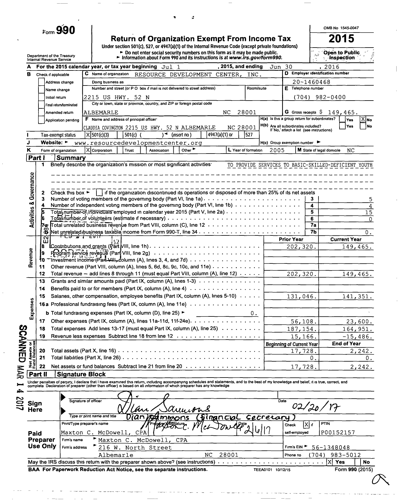 Image of first page of 2015 Form 990 for Resource Development Center