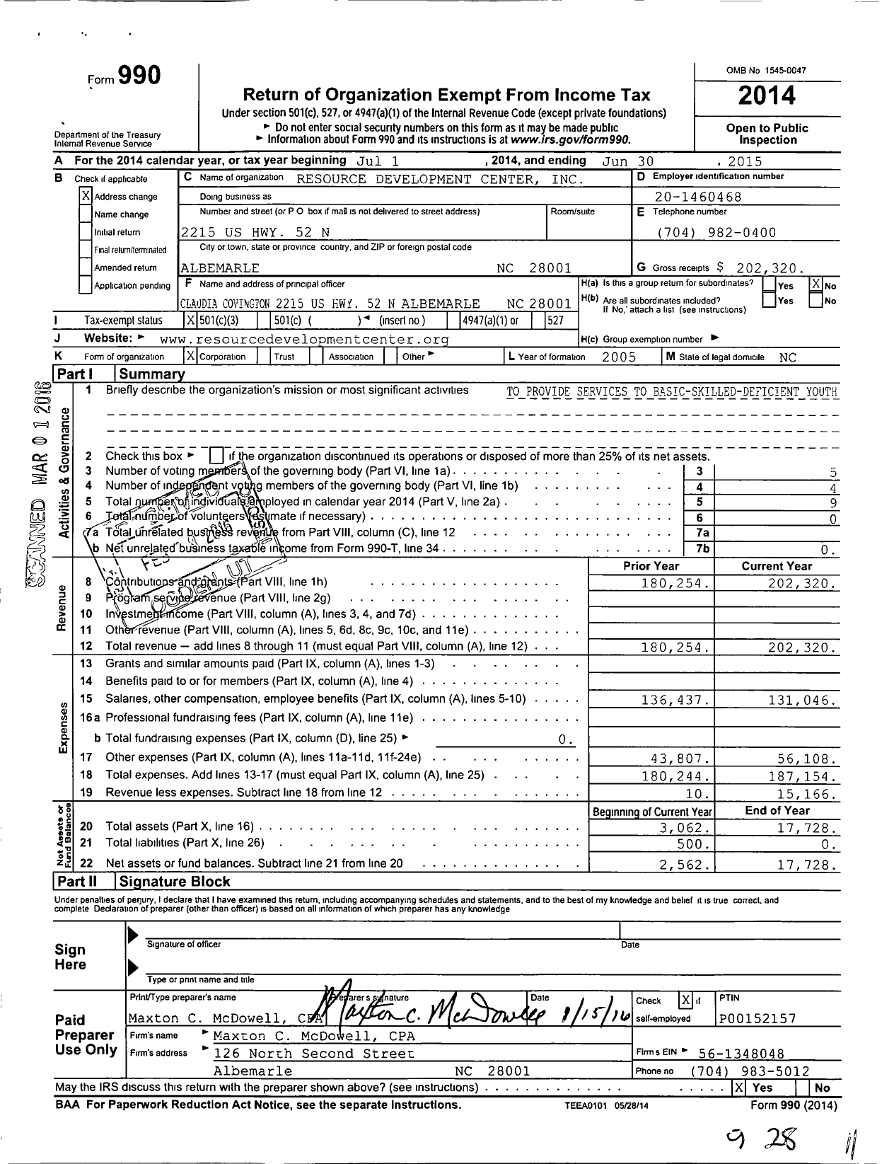 Image of first page of 2014 Form 990 for Resource Development Center