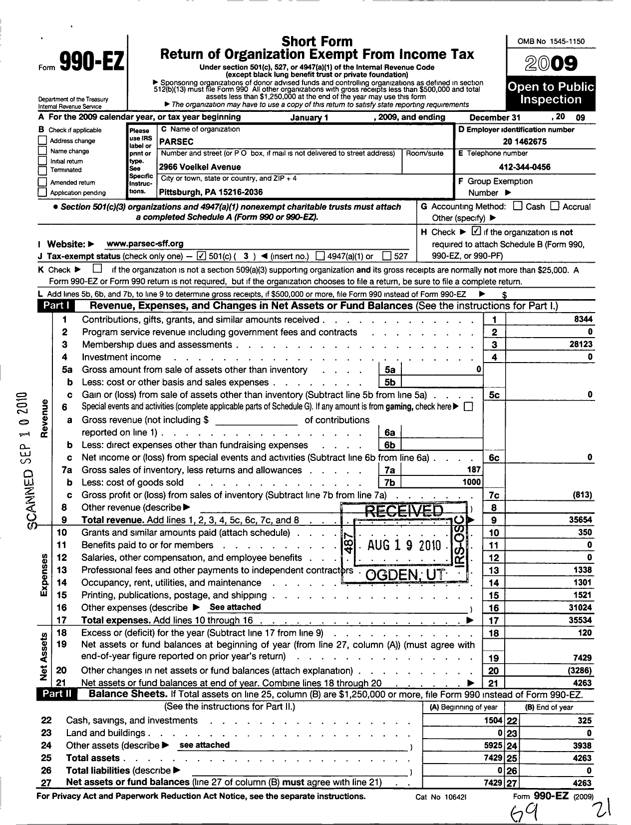 Image of first page of 2009 Form 990EZ for Parsec Incorporated