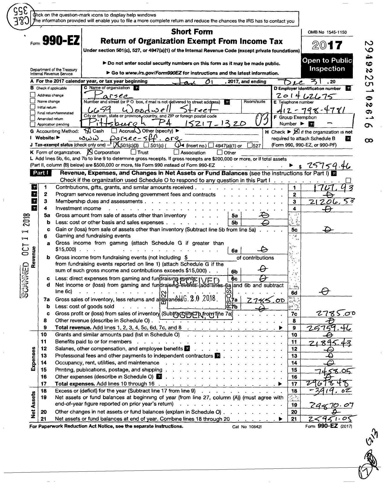 Image of first page of 2017 Form 990EZ for Parsec Incorporated