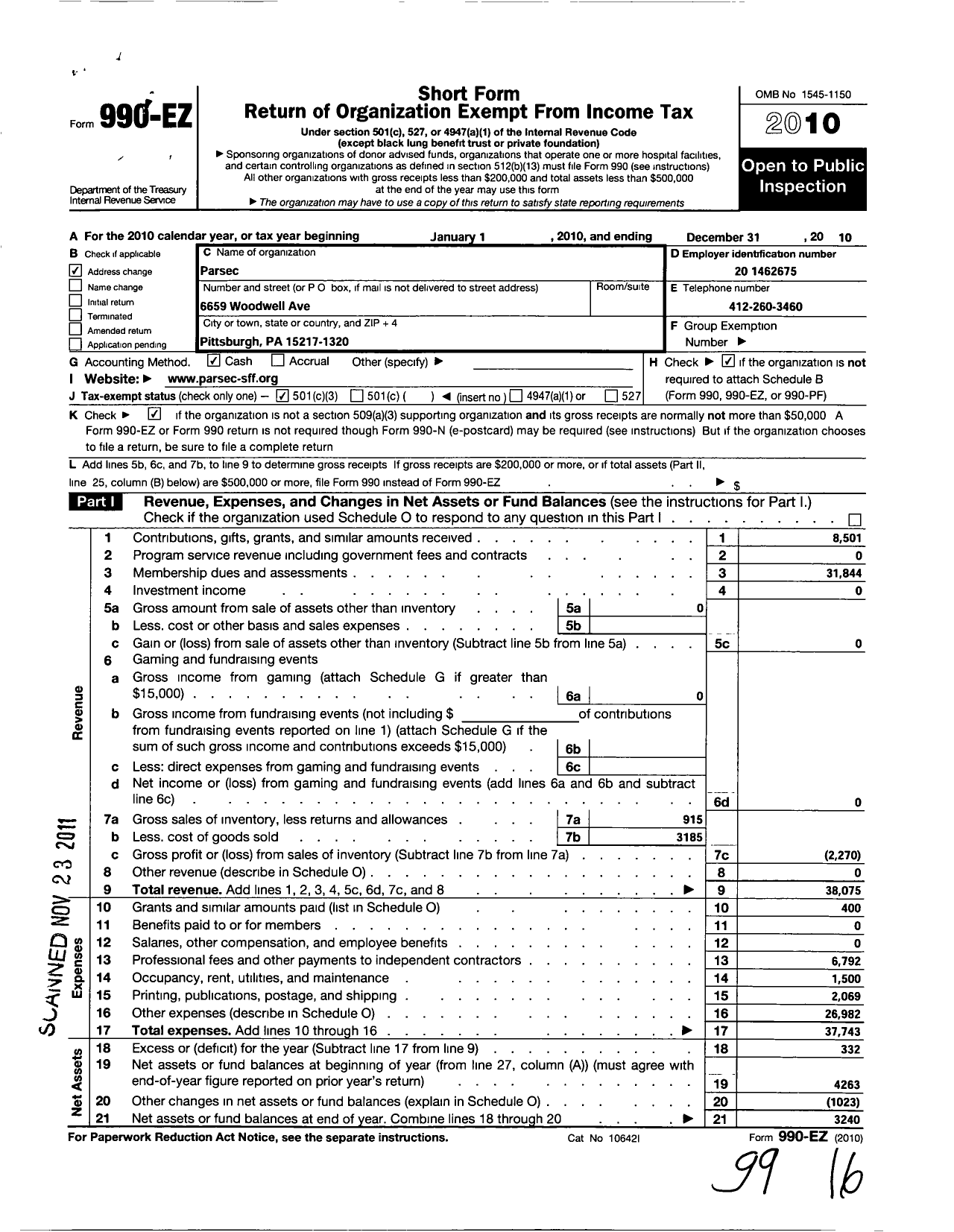 Image of first page of 2010 Form 990EZ for Parsec Incorporated