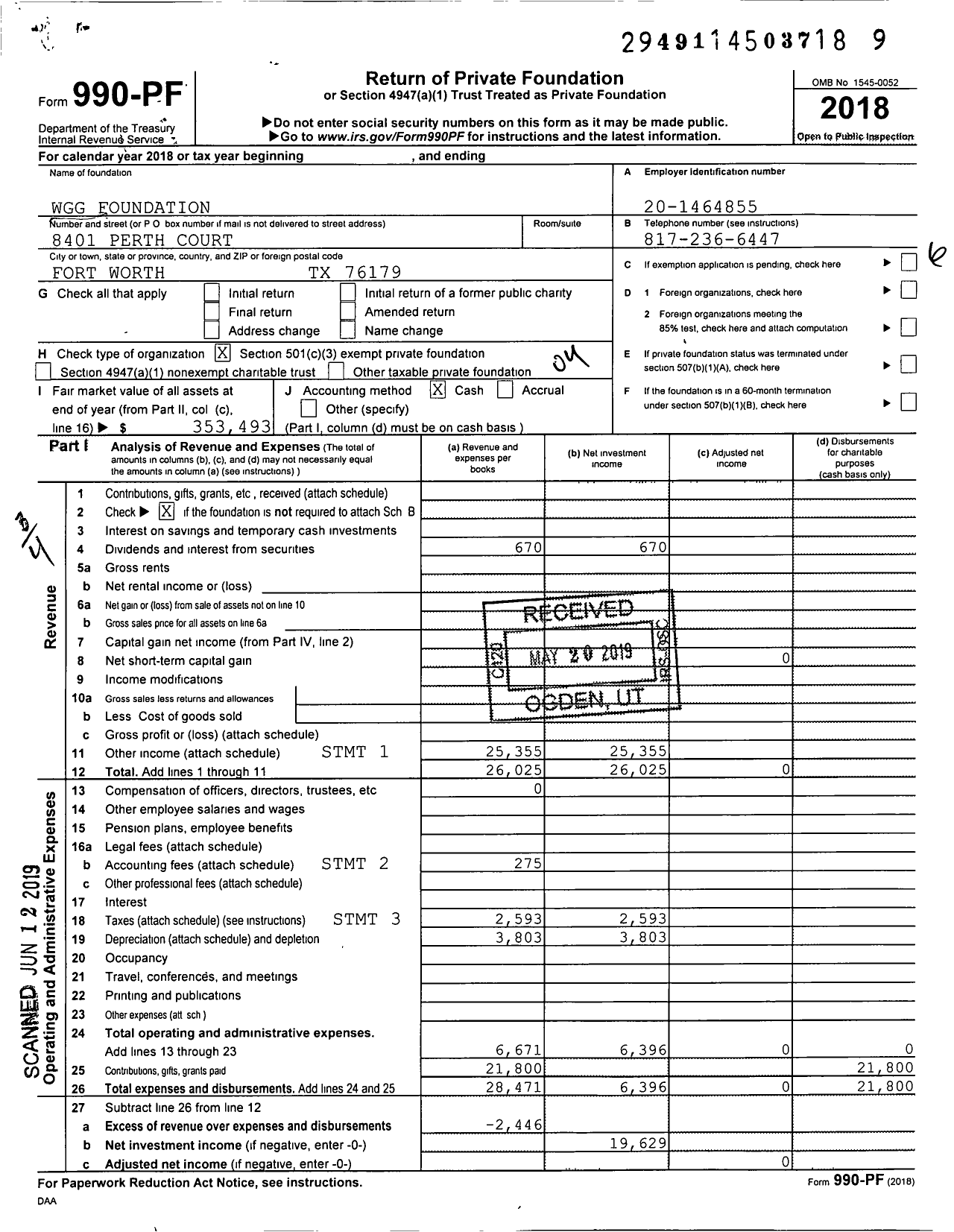 Image of first page of 2018 Form 990PF for WGG Foundation