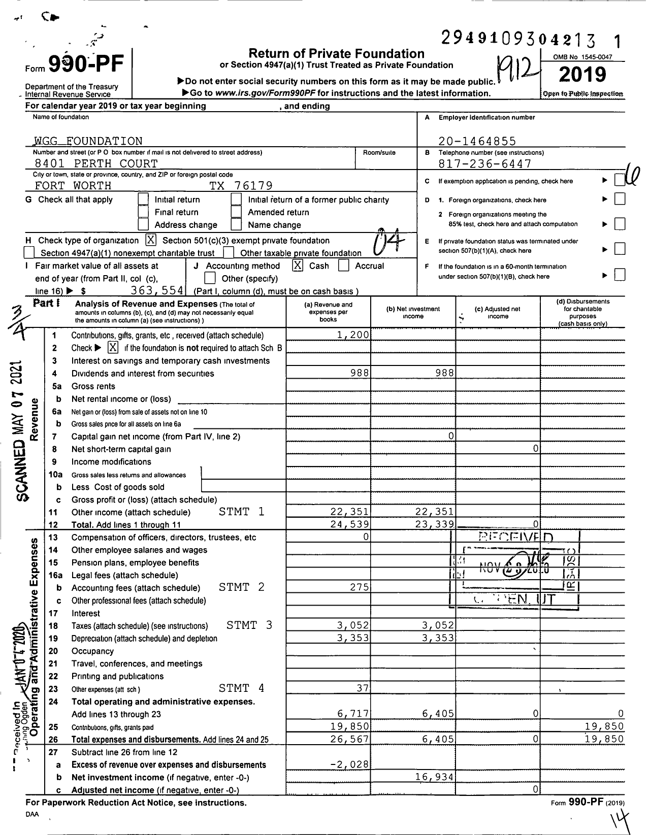 Image of first page of 2019 Form 990PF for WGG Foundation