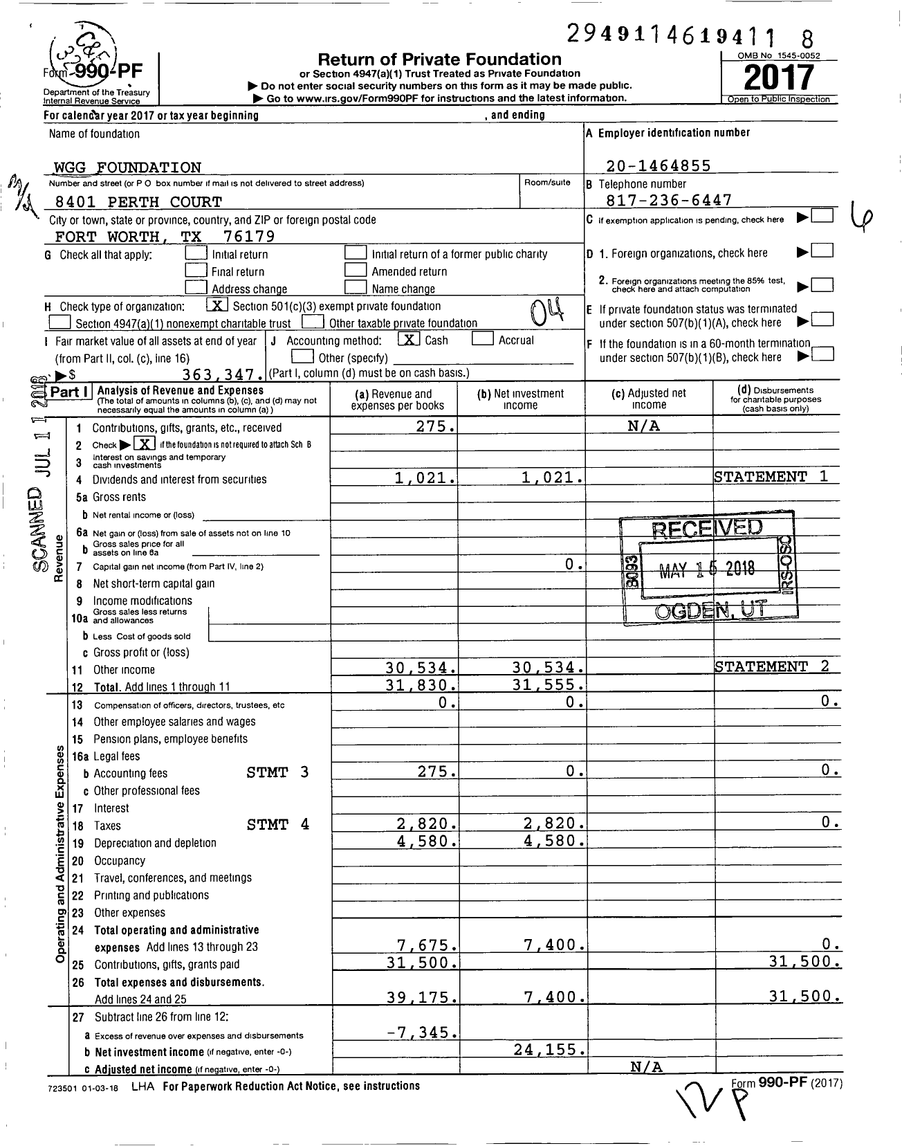 Image of first page of 2017 Form 990PF for WGG Foundation