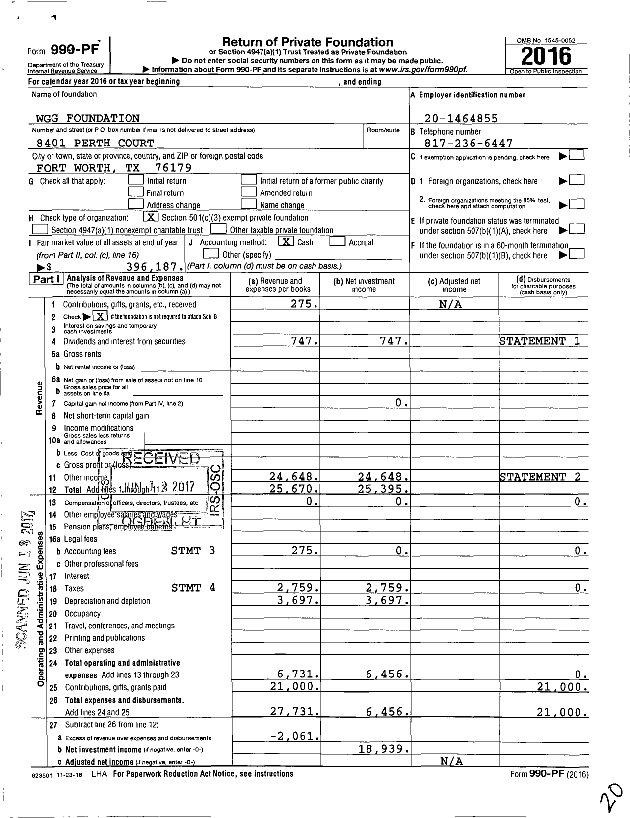 Image of first page of 2016 Form 990PF for WGG Foundation